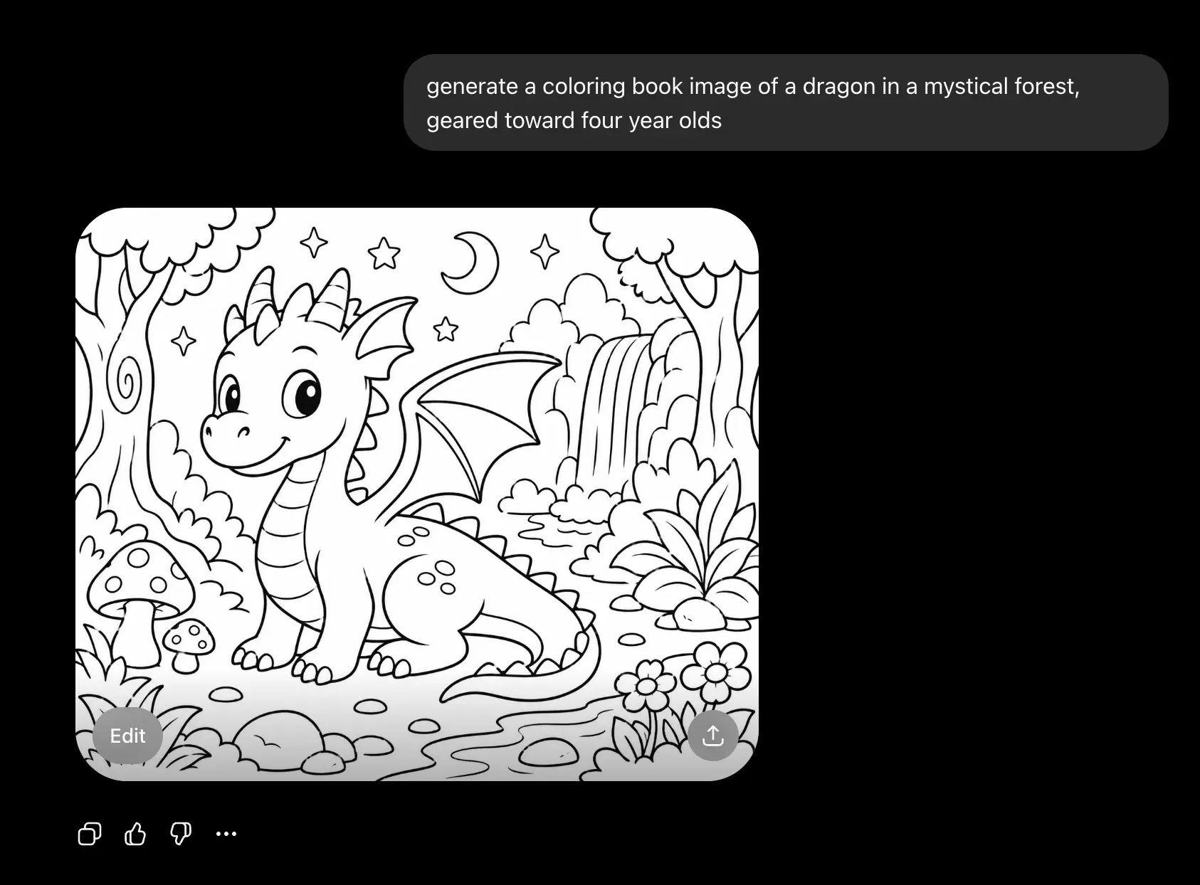 a screenshot from a chatgpt conversation where a coloring book image of a dragon is generated in response to a request