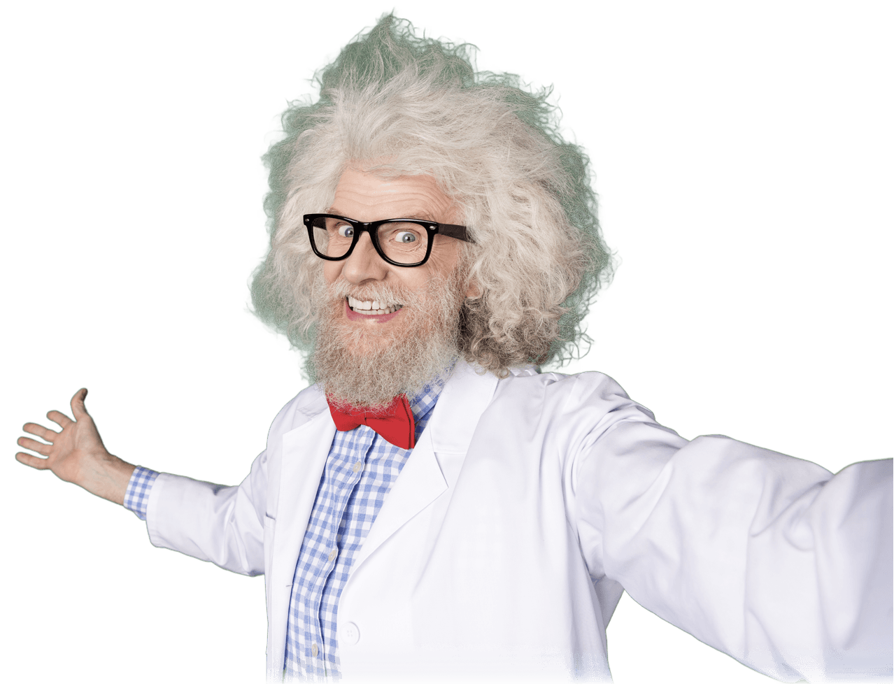 scientist character, arm and hand extended; the "tah dah" moment