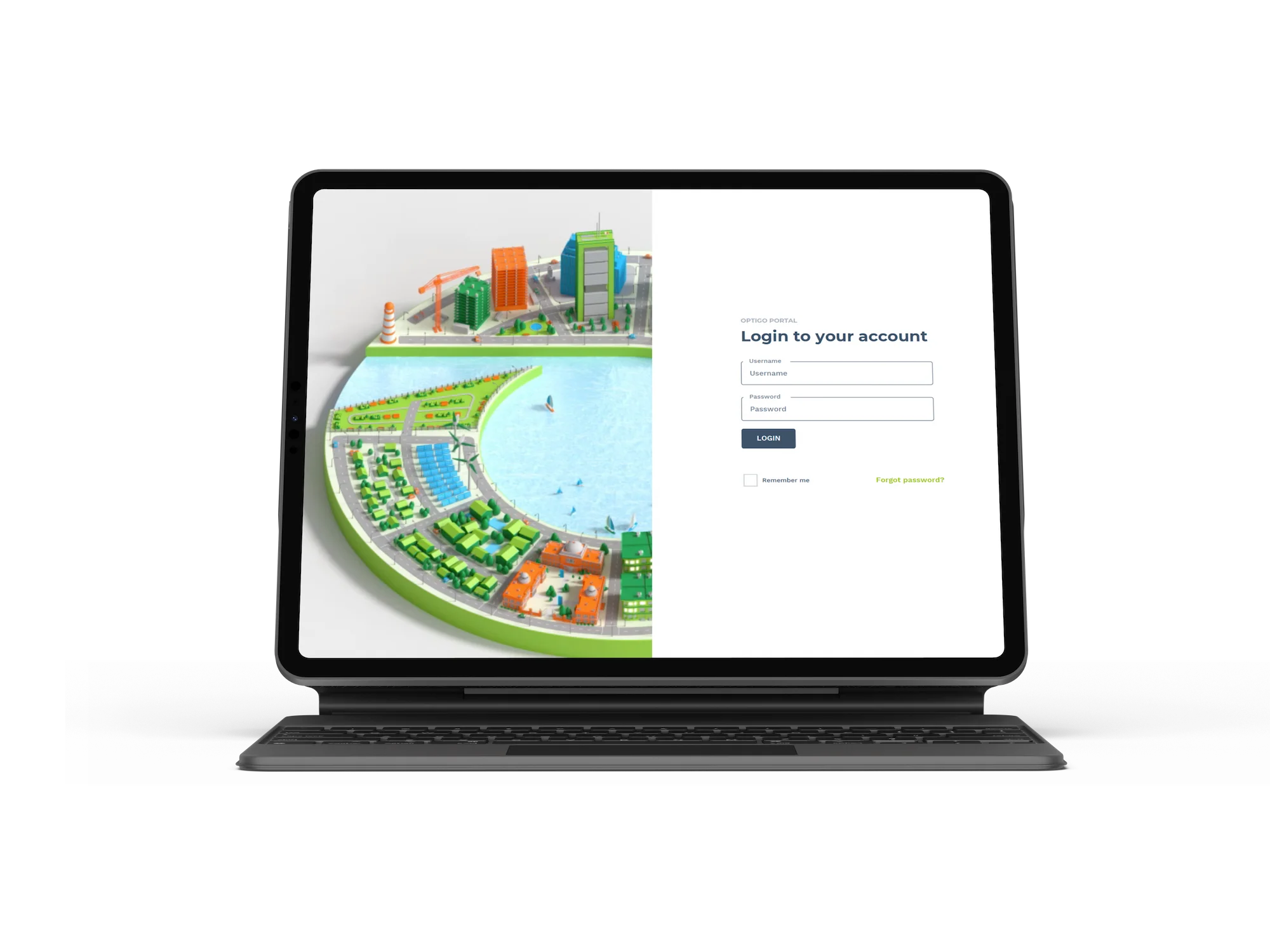 A laptop displaying a login page on the right side and a colorful, circular 3D cityscape illustration on the left side.