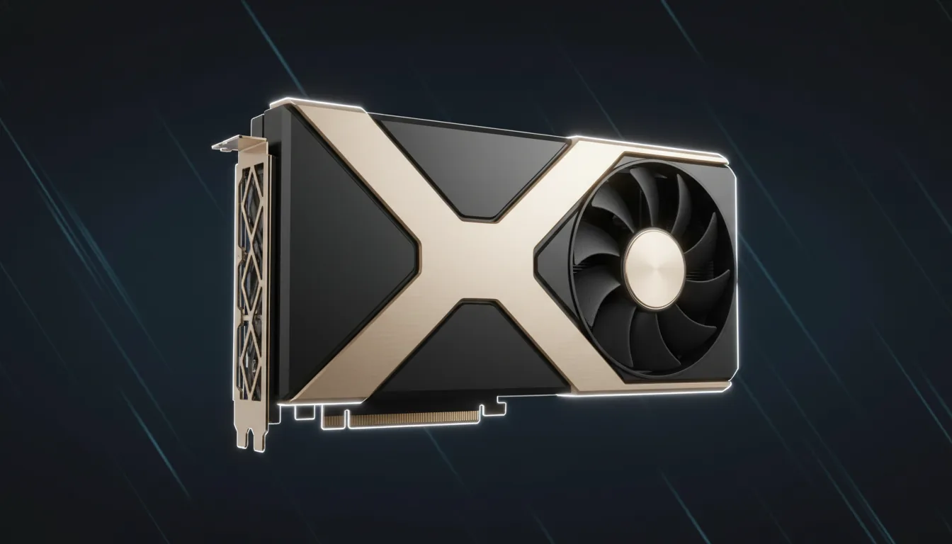 3D product render of a futuristic high-end GPU, presented as a studio shot. The graphics card features a sleek, angular matte black shroud contrasted by a brushed champagne-gold metal frame that forms an X-shape across the center. A large, matte black cooling fan with a circular brushed metal hub is positioned on the right side. The entire card is illuminated with soft studio lighting, creating clean highlights on the different materials. A subtle, bright white glow outlines the silhouette of the GPU, making it pop against a dark, abstract background which features faint, diagonal streaks of blue light. Photorealistic, hyper-detailed, sharp focus, clean aesthetic.