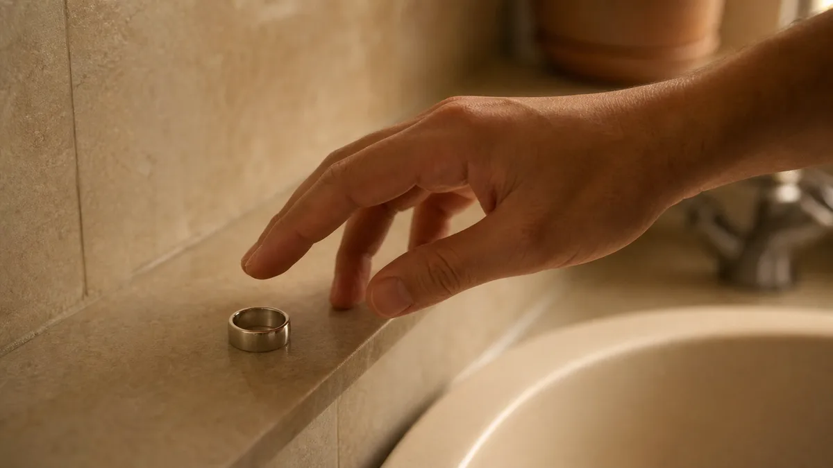 A hand reaches for a silver Zikr Ring on a ledge beside a sink before wudu