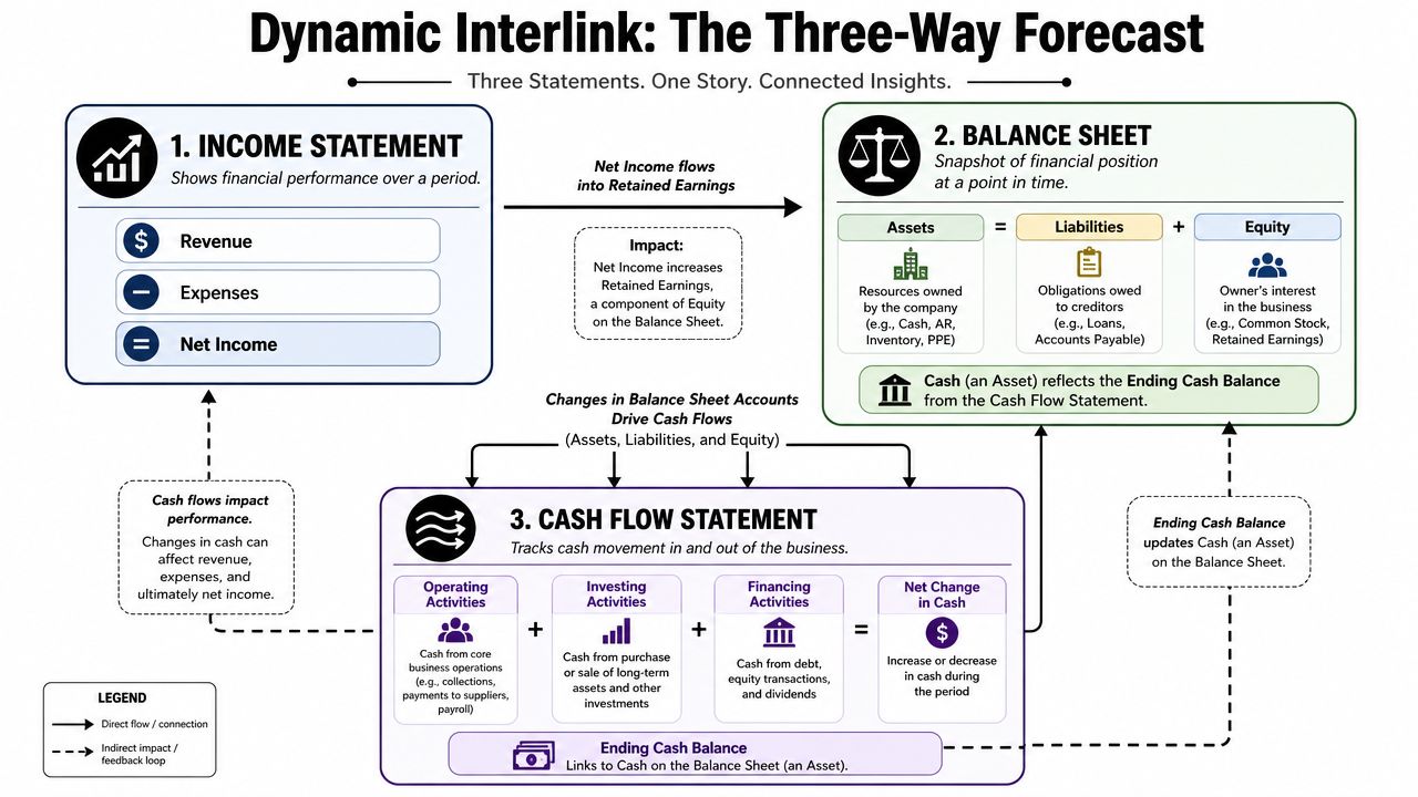 A diagram illustrating the interconnected relationships between the income statement, balance sheet, and cash flow statement.