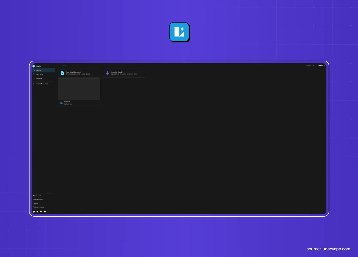 Lunacy homepage screenshot showing the dark desktop interface of the free offline design app for Windows, Mac and Linux.