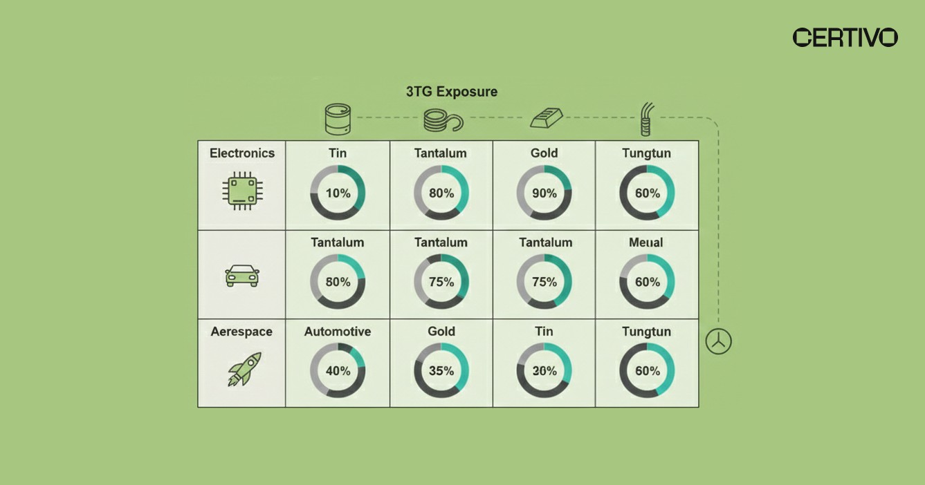 Conflict minerals compliance industry impact matrix showing 3TG exposure across electronics automotive and aerospace