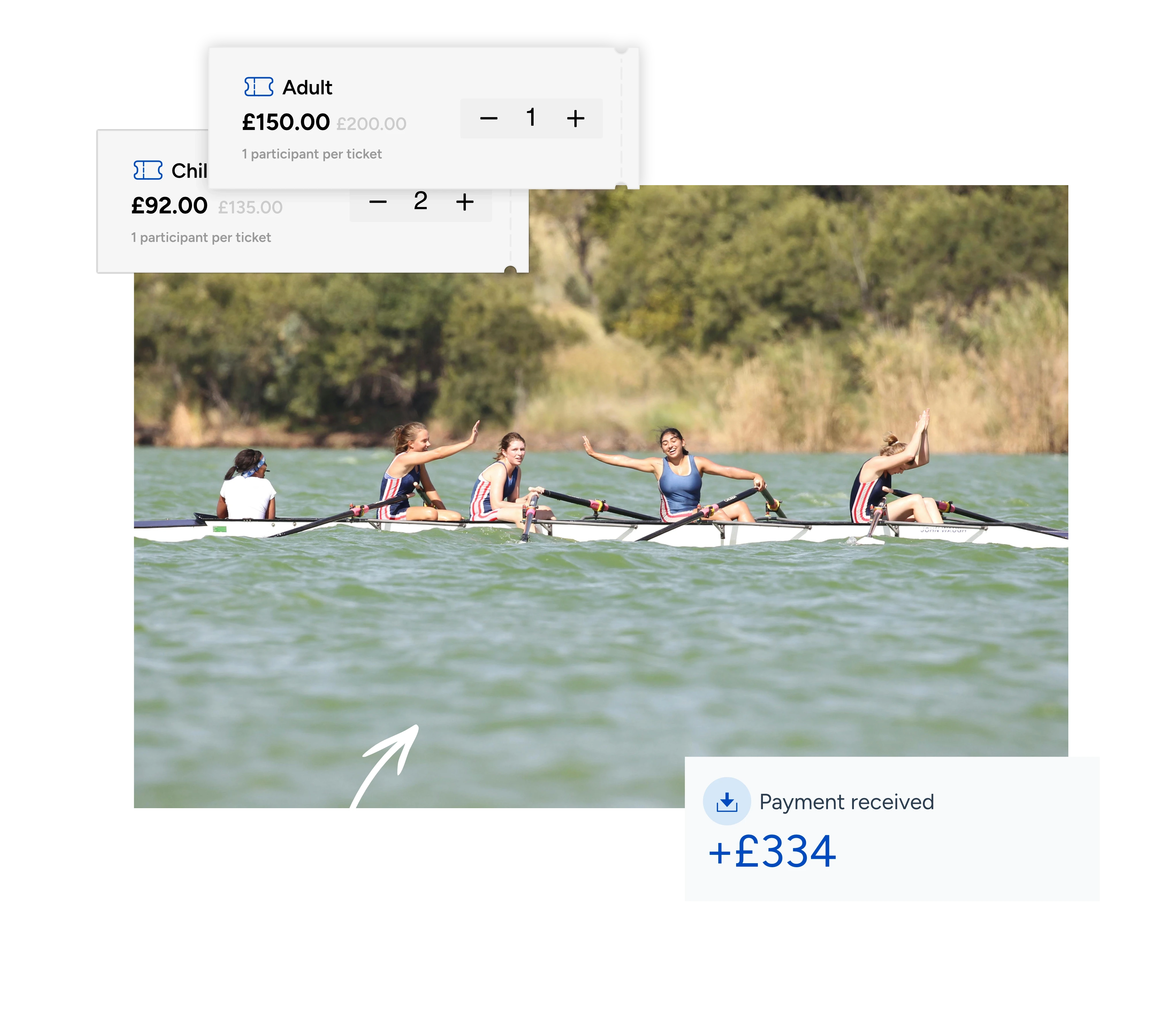 A women's rowing team powers through a lake, embodying teamwork and effort