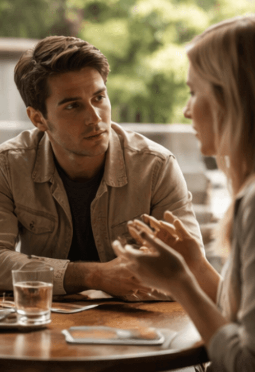 ein mann sitzt mit einer frau in einem caffee, die frau erzählt ihm etwas