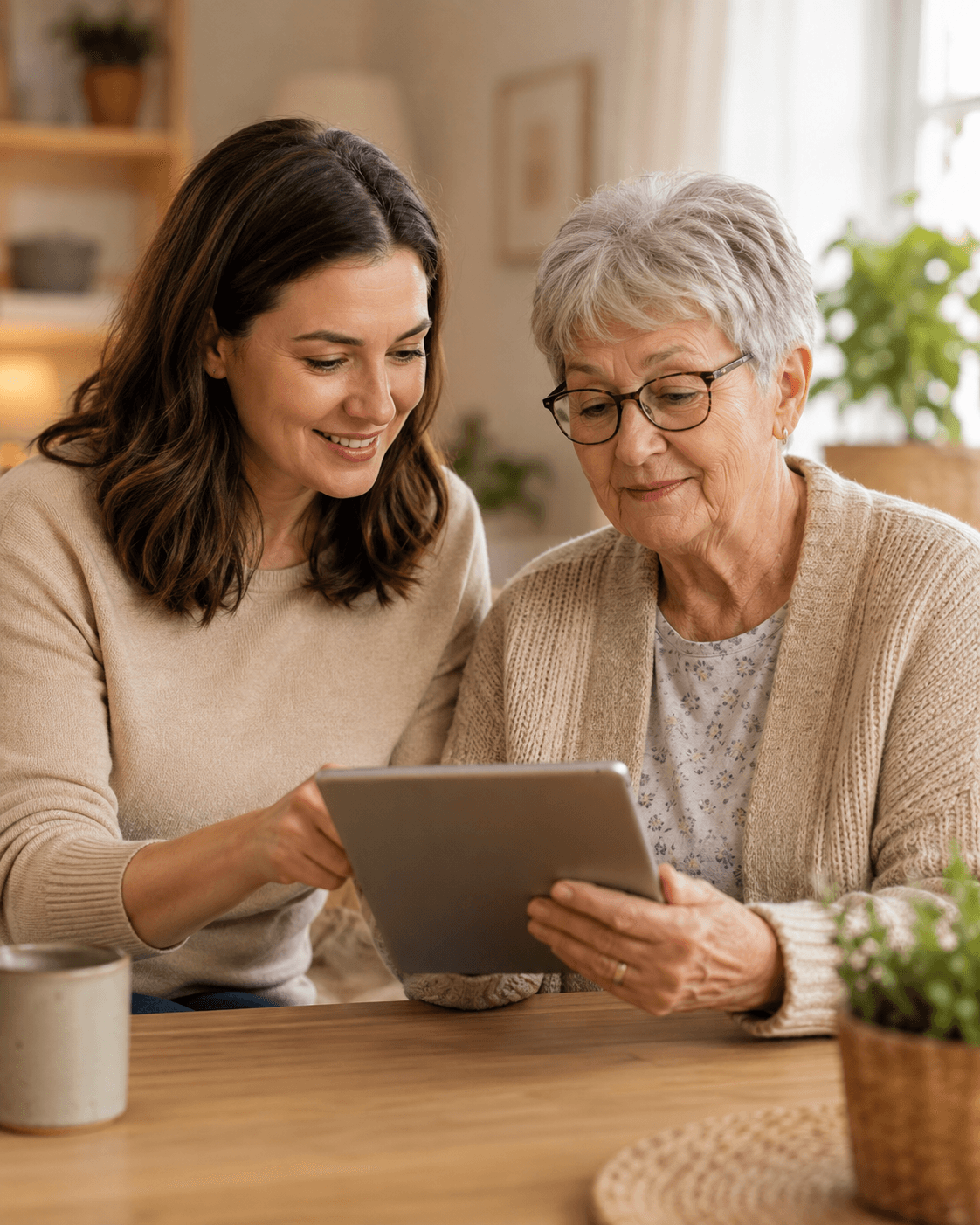 Adult daughter and aging parent reviewing a tablet together in a warm home.