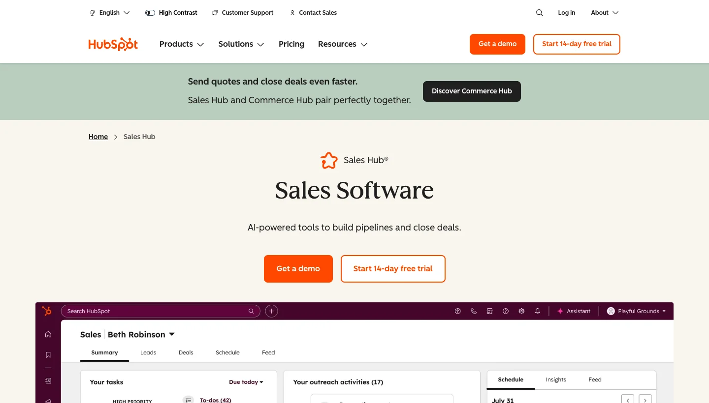 HubSpot Sales Hub homepage: AI-powered sales CRM and pipeline management software