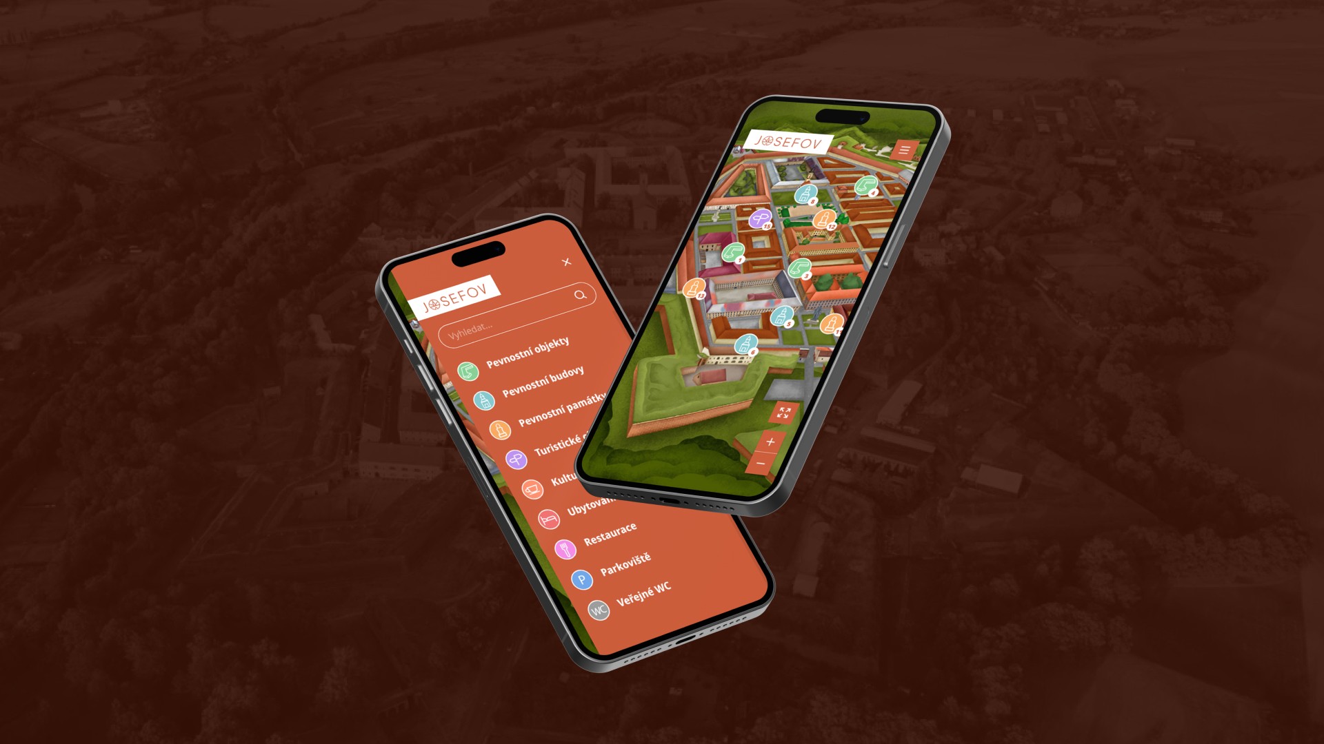 Dva telefony s mapou Živý Josefov