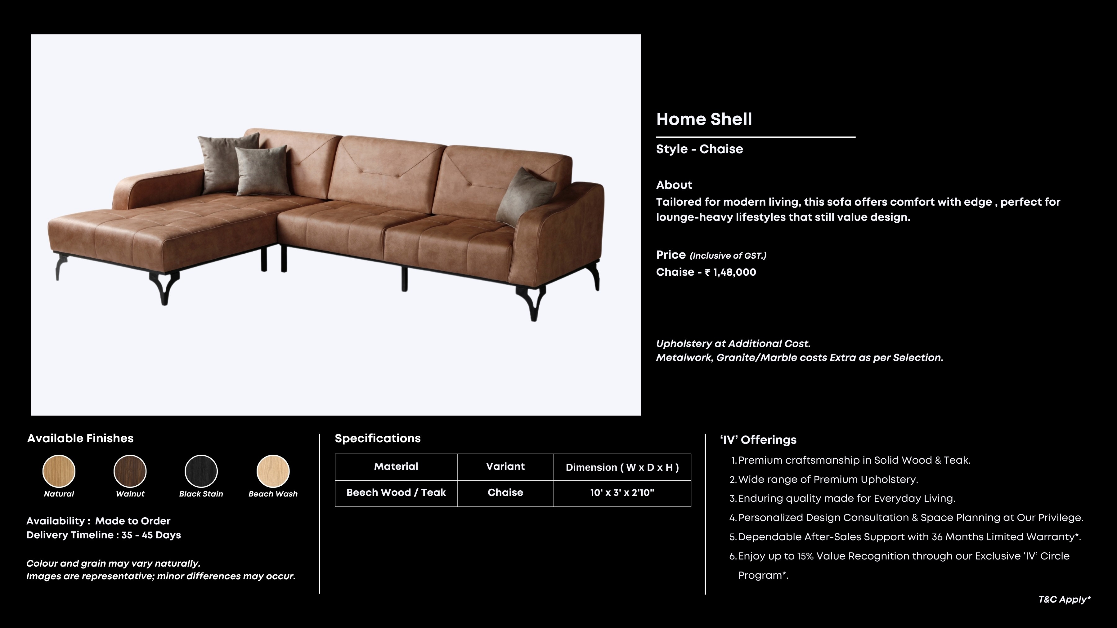 Tan suede sectional with tufted seats and black metal legs.