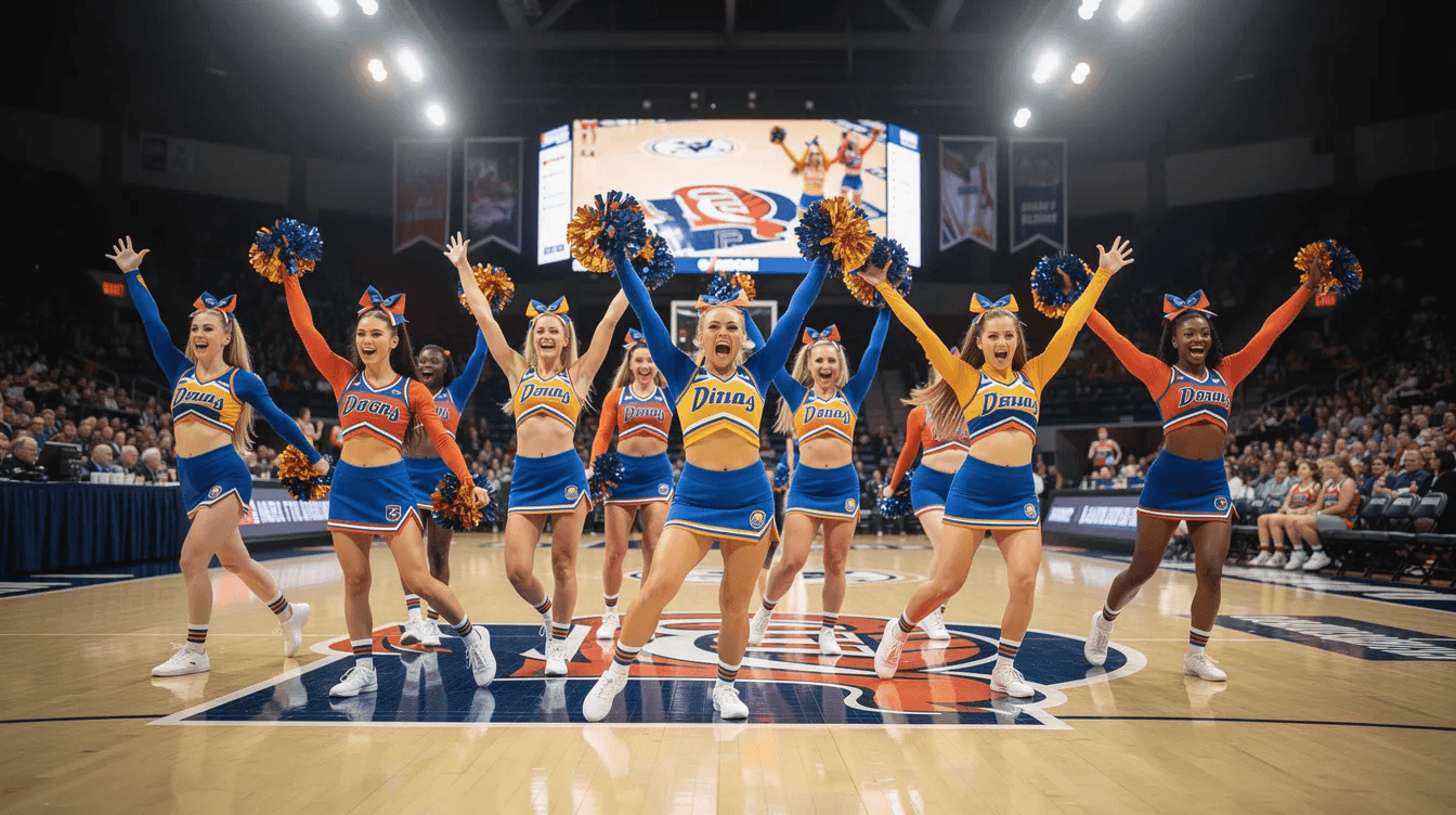 A cheerleading team in matching uniforms is energetically performing a routine on the floor of an indoor competition arena, showcasing their skills as part of a competitive cheerleading club. The atmosphere is vibrant and filled with excitement as athletes demonstrate their teamwork and athleticism.