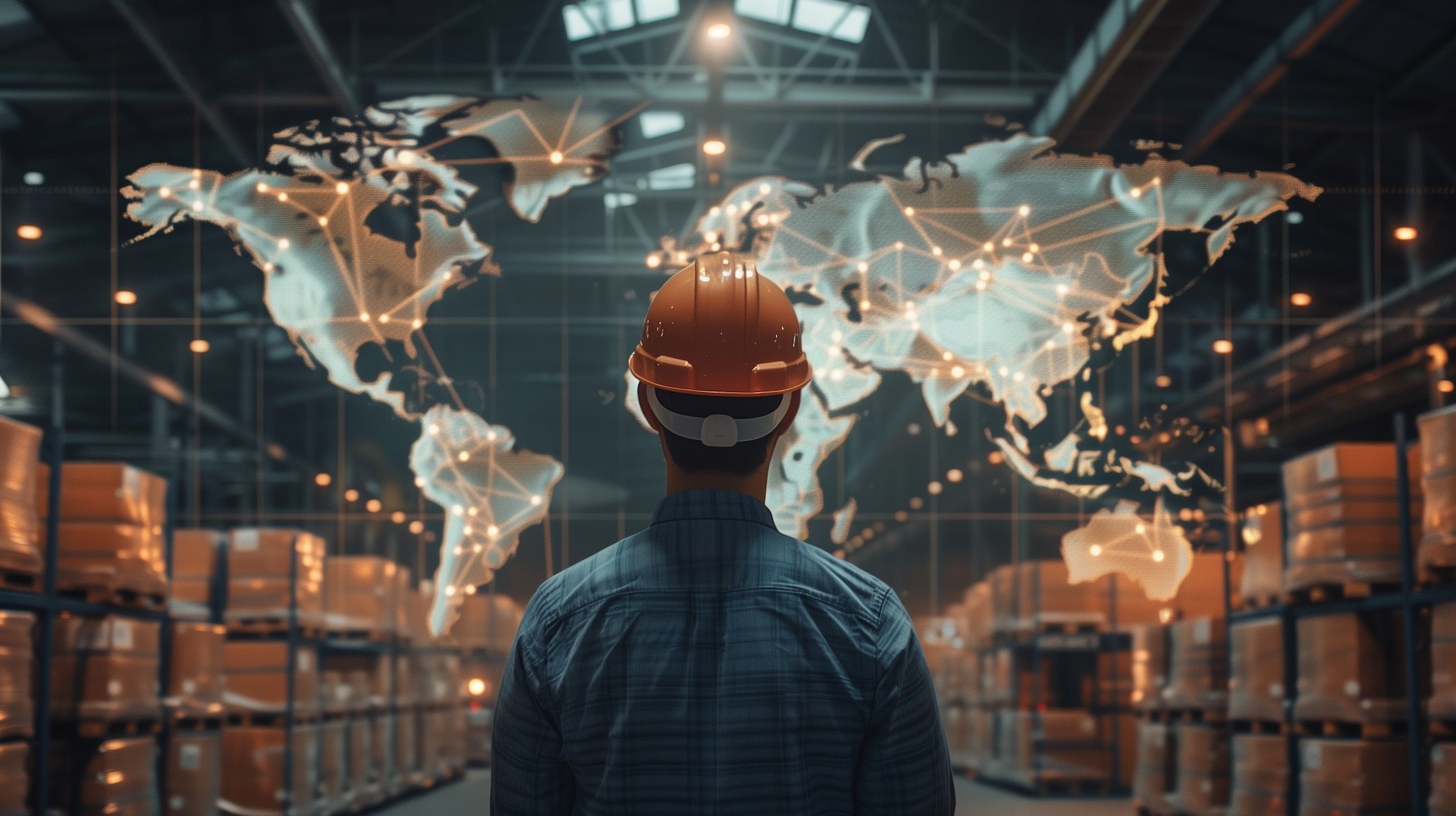 Person wearing a hard hat in a warehouse, viewing a global network map, symbolizing Inway Risk Management’s commitment to transforming risks into resilience and sustainable growth.