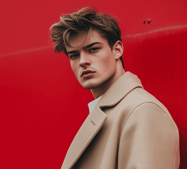 A man wearing a coat poses in front of a bold red wall, highlighting his figure against the colorful background.