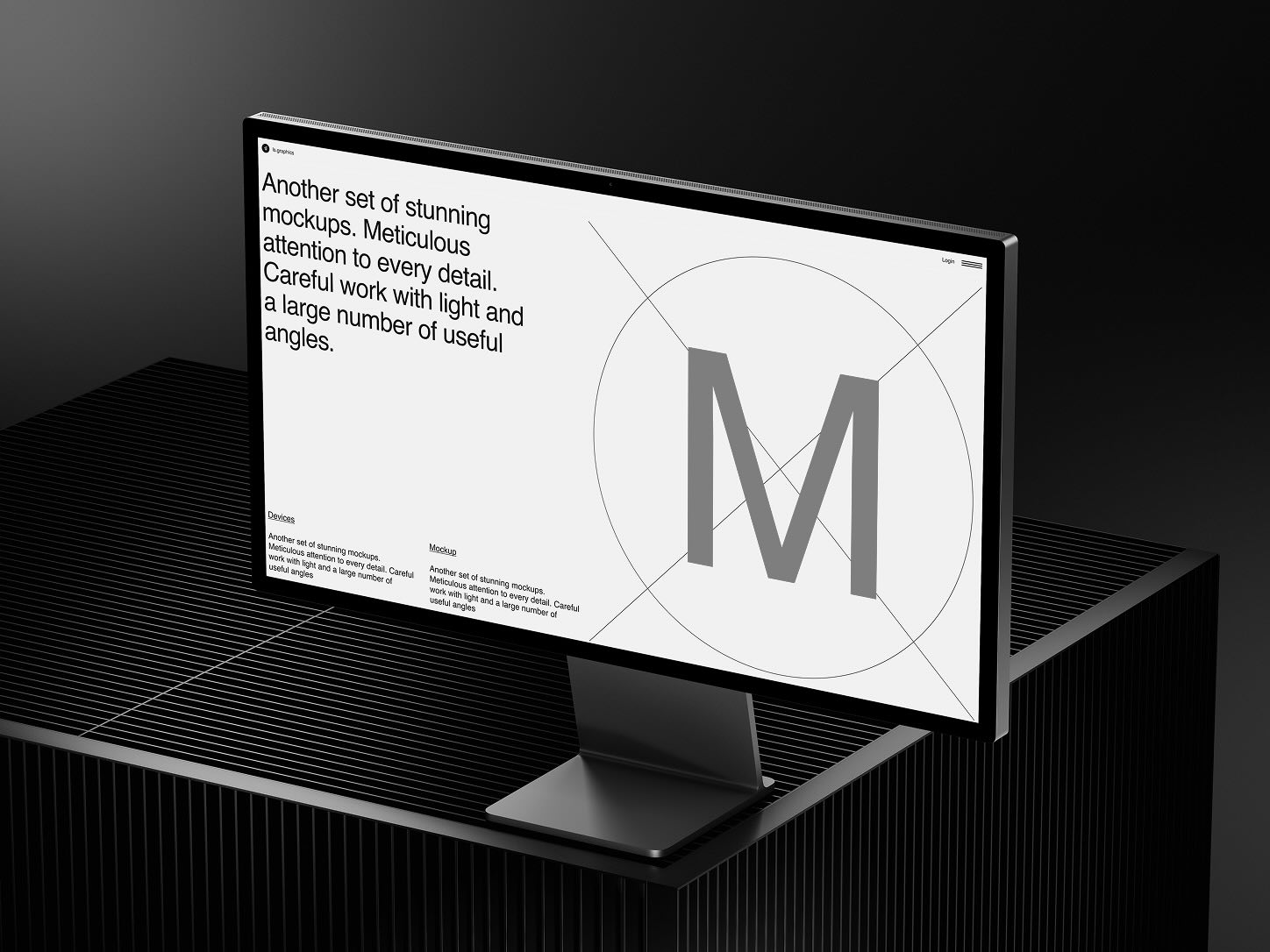 Black-and-white 3D render of a computer monitor displaying a large letter “M” and typography, positioned above a dark ribbed platform.