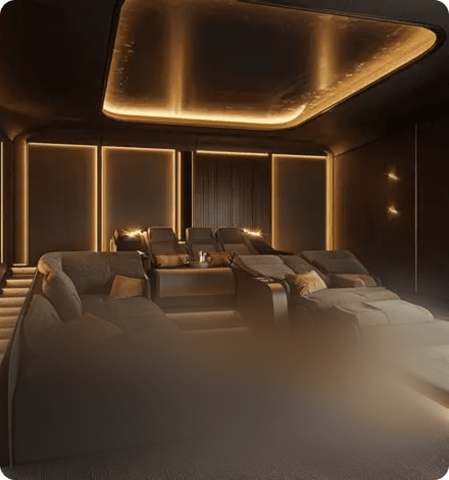Luxuous home theater with reclining seats and amber lighting.