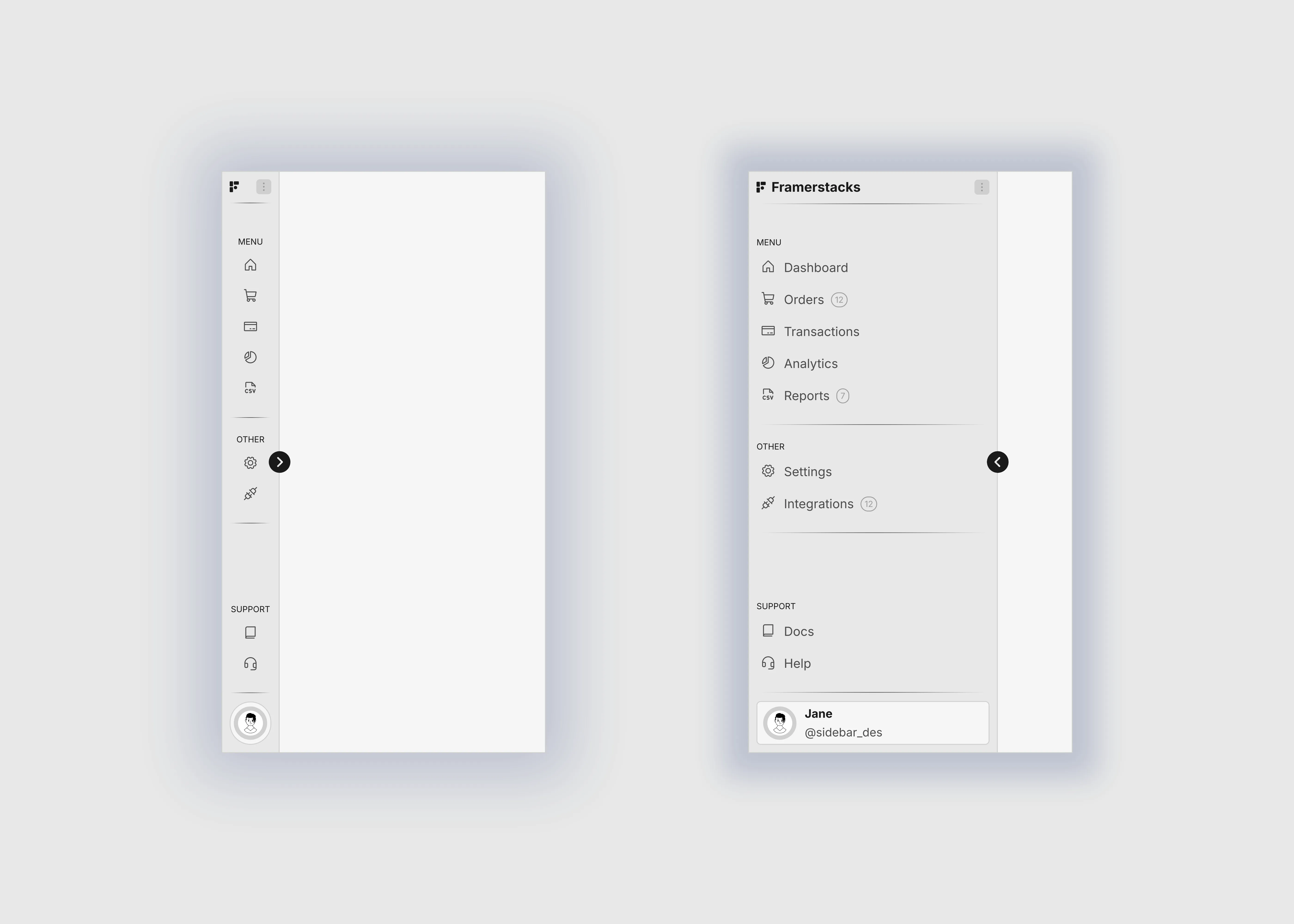 A light themed sidebar ui for mobile devices with expand and shrink modes.