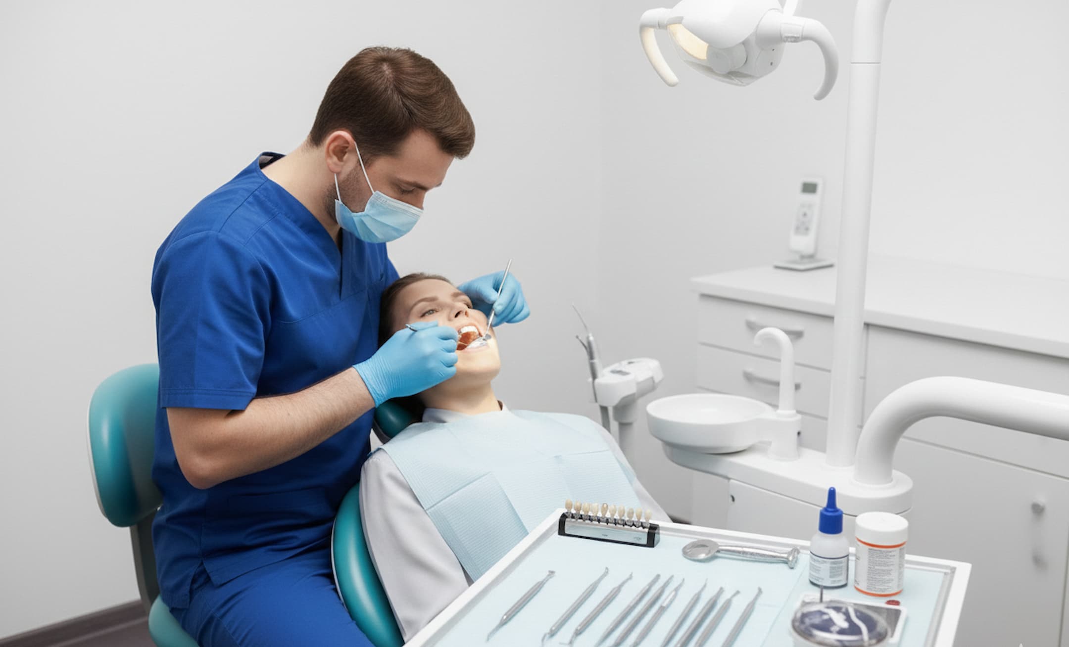 إحدى عملاؤنا السعداء اثناء تركيب تاج الأسنان واختيار درجة لونه المناسبة للون أسنانها الطبيعي.