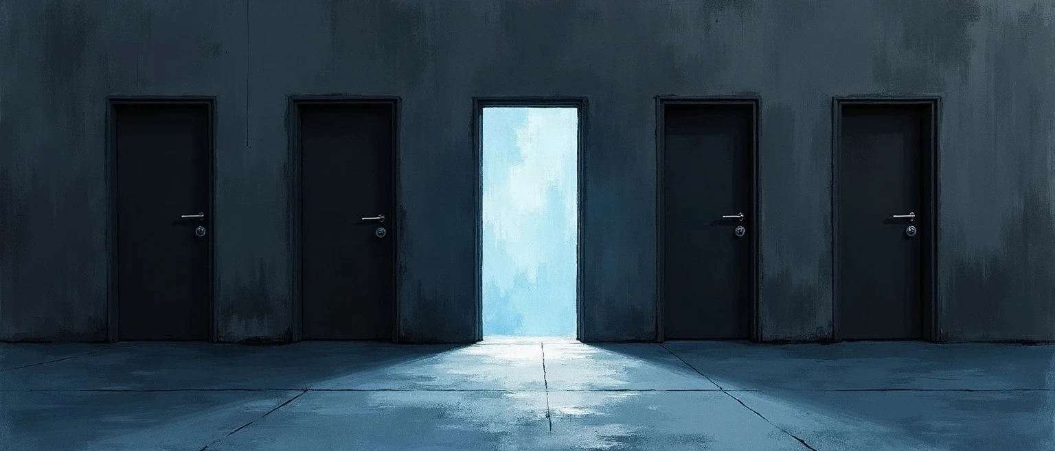A sumi-e ink illustration of a row of closed dim grey doors, with one door standing ajar and glowing with cool teal light, illustrated in Japanese minimalist ink style with teal and blue on a black background, representing the difference between real inbox placement and a merely tracked email open.