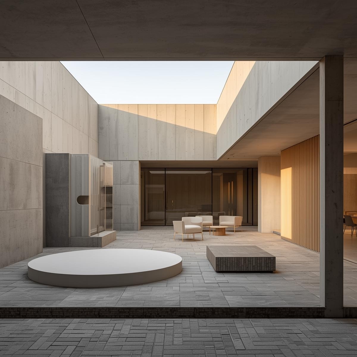 Modern Moroccan courtyard house blending stone textures, geometric shadows, and natural light.