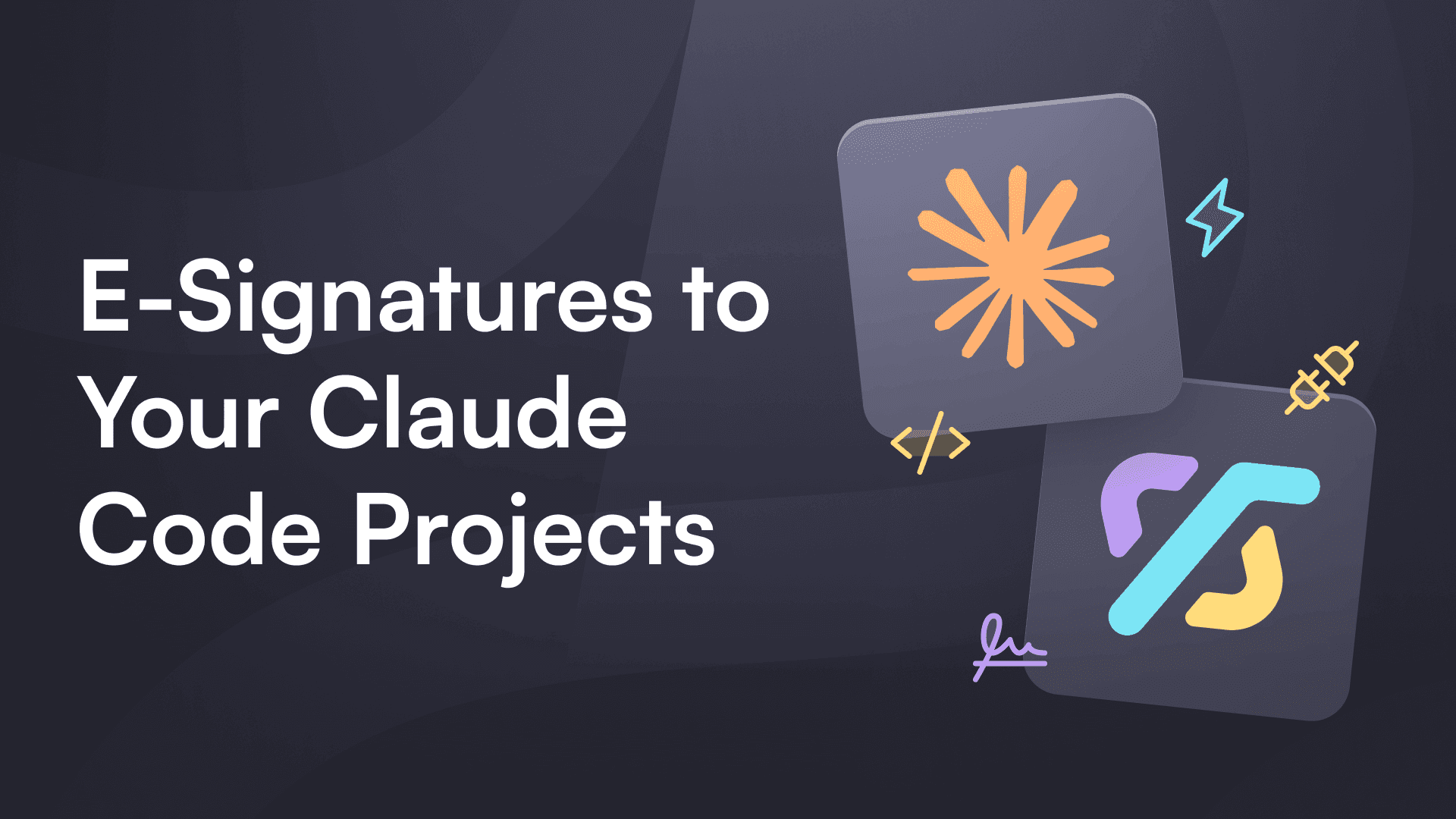 Alt text: "Graphic promoting e-signatures for code projects, featuring abstract icons resembling coding elements on a dark background."