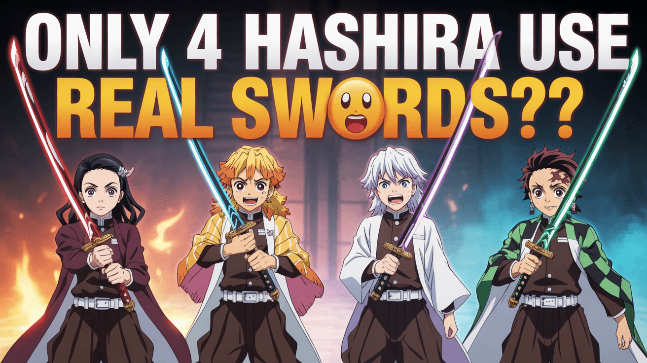 Four anime sword users with glowing blades under ONLY 4 HASHIRA USE REAL SWORDS text