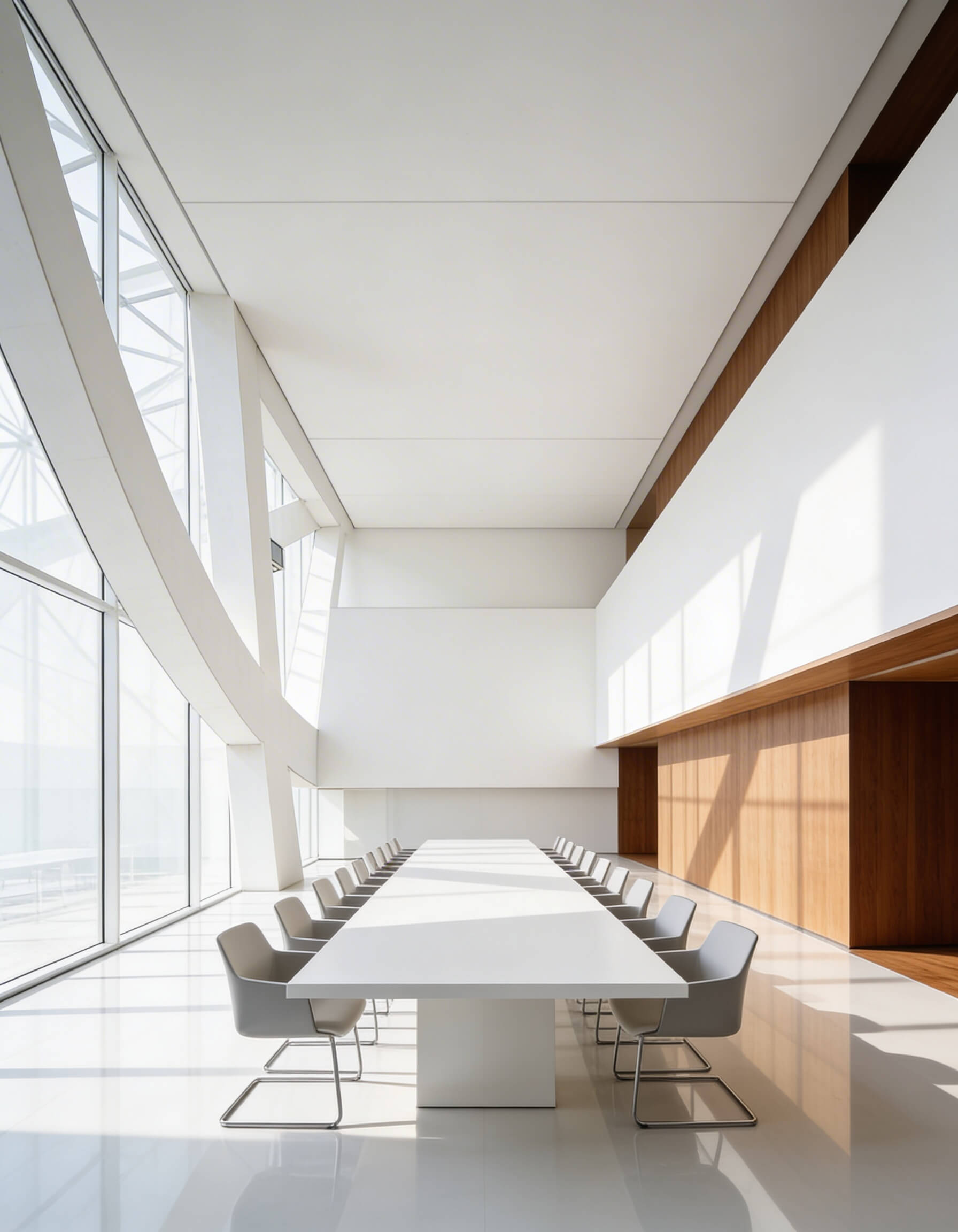 Warm wood reception area with clean lines and soft overhead lighting