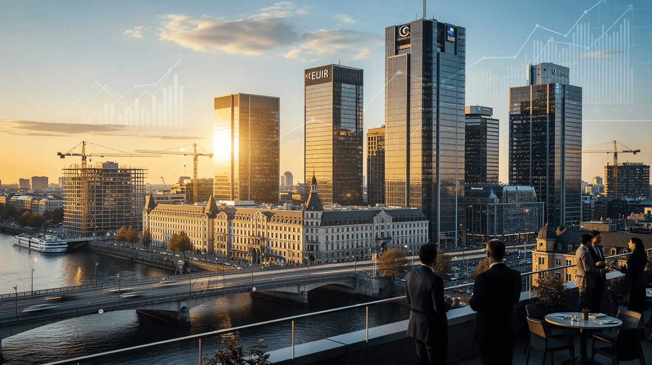 L'image montre une silhouette urbaine d'une ville européenne moderne, symbolisant les opportunités d'affaires, avec des bâtiments emblématiques qui évoquent la création d'une société offshore et les avantages fiscaux associés. Cette scène dynamique reflète l'activité entrepreneuriale et les possibilités d'expansion à l'international, notamment vers des destinations comme Dubaï ou Hong Kong.