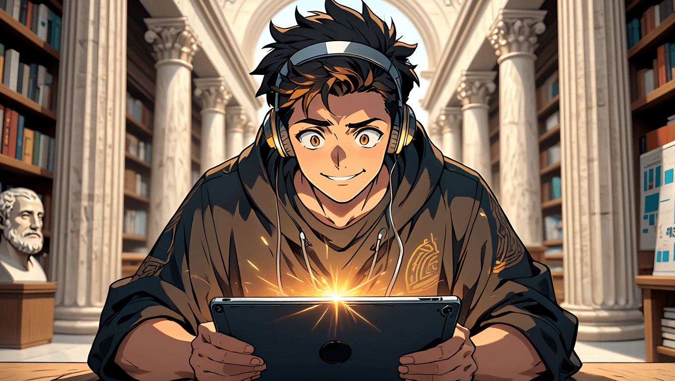 Smiling medical student studying pharmacology on a tablet