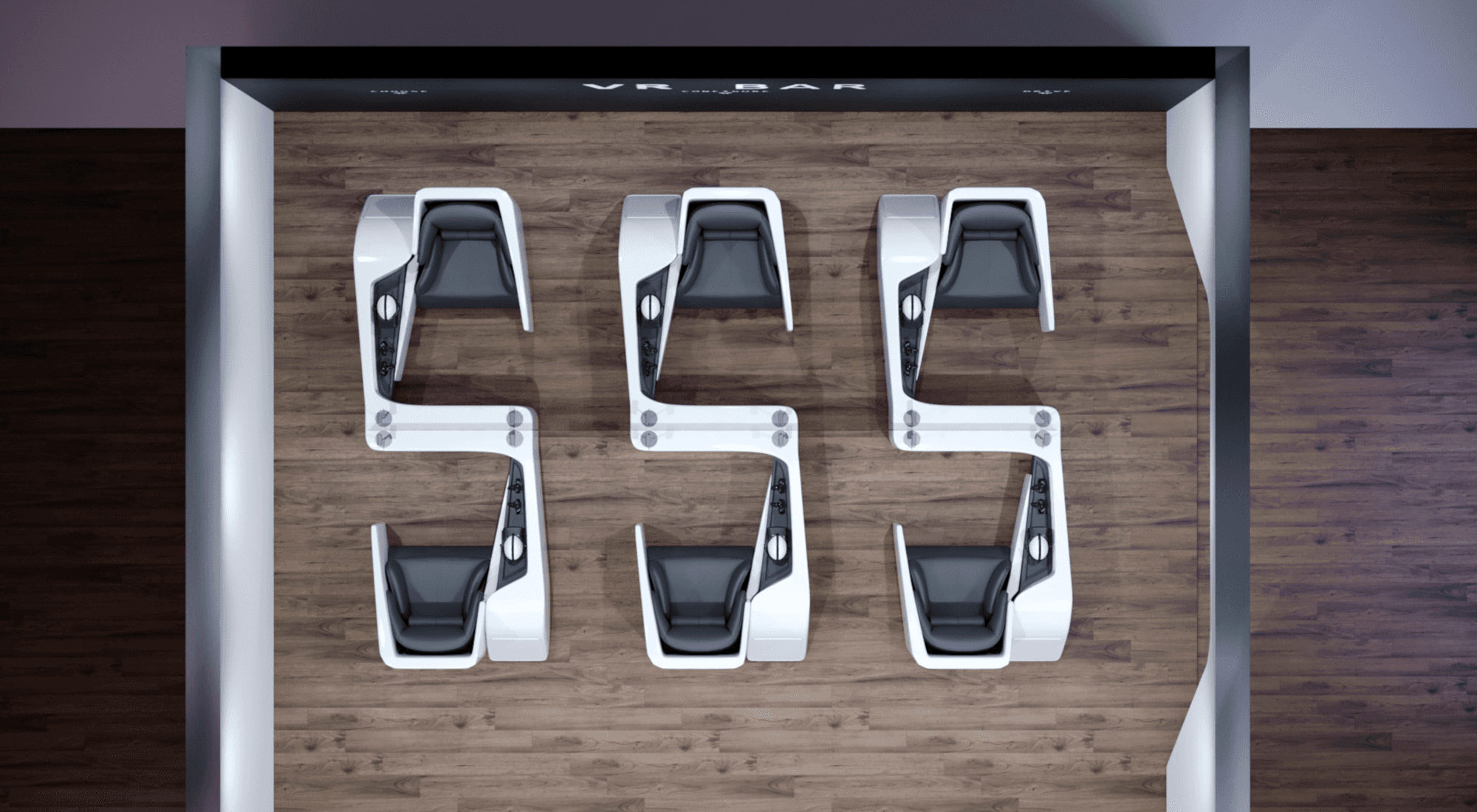 Overhead view of a modern room with three sleek, white pod-style seating arrangements against a wooden floor, showcasing futuristic design and minimalist aesthetics.