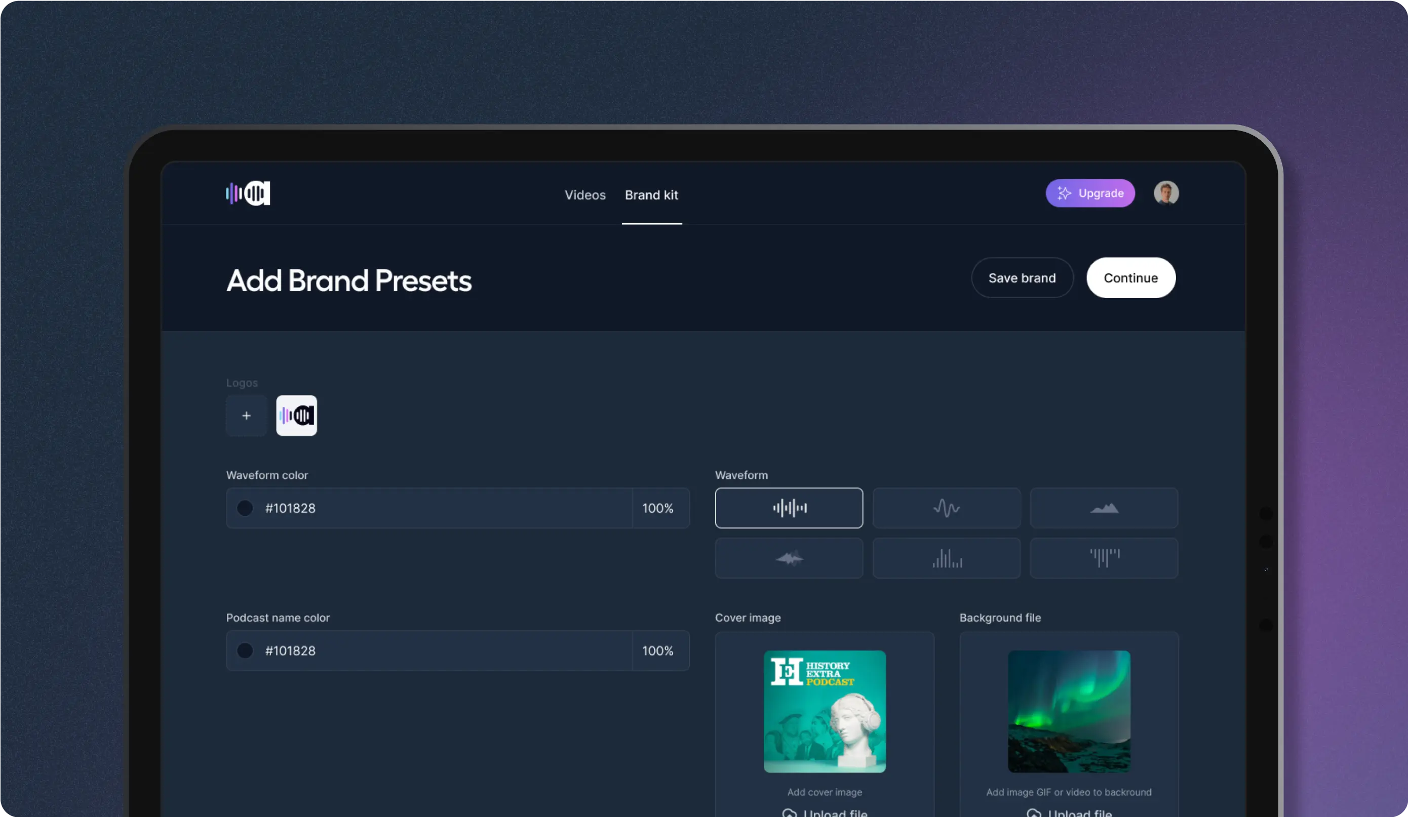 User interface screen from the Audiotease app displaying the 'Add Brand Presets' section. The screen includes options for adding logos, selecting waveform color, and choosing podcast name color. It also features a preview of the waveform style and options for uploading cover images and background files. The interface has a dark theme with blue and purple accents, and includes buttons for saving the brand and continuing to the next step.