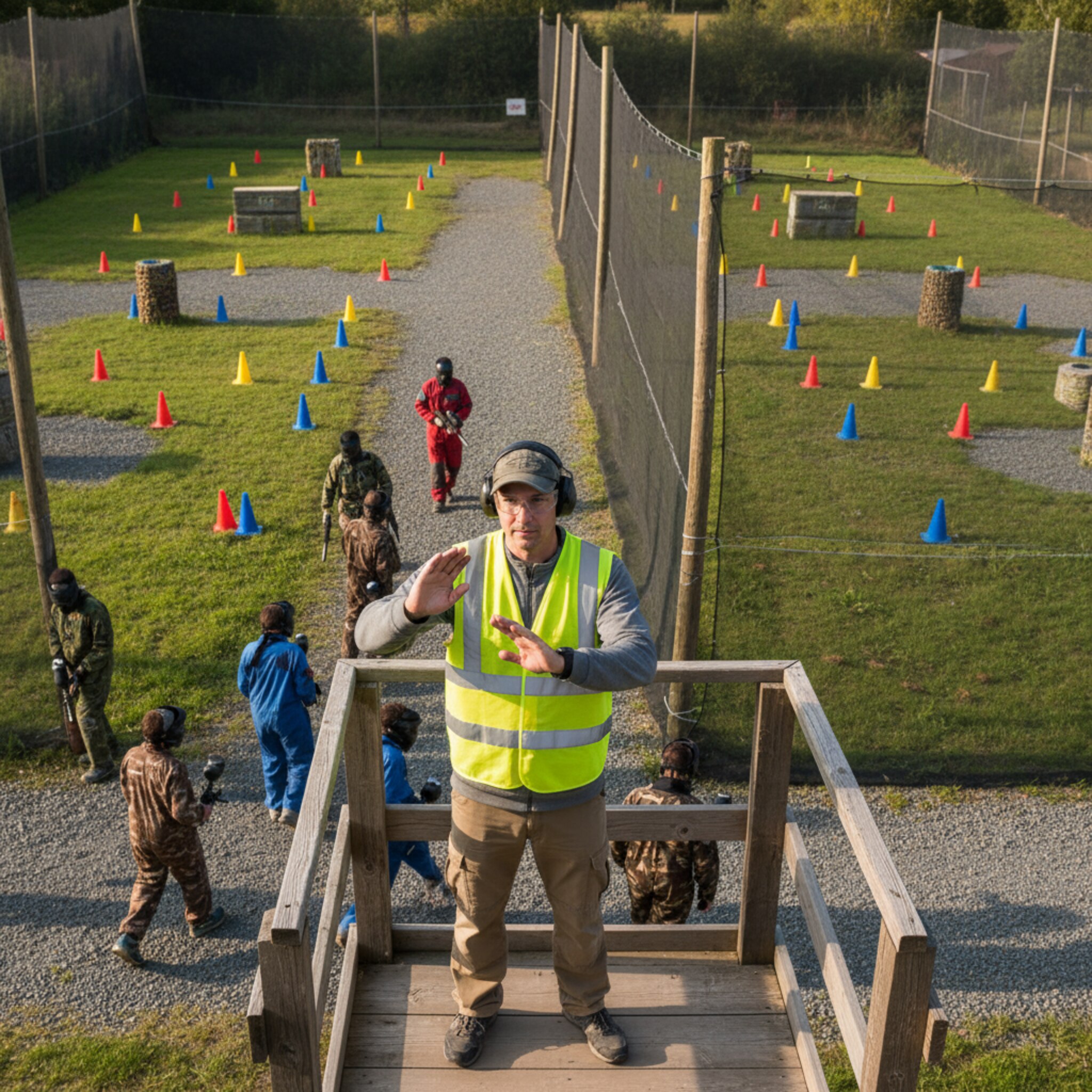 Ein Marshal steht auf einer erhöhten Holzplattform und überblickt zwei nebeneinanderliegende Felder, zwischen Netzen und farbigen Hütchen. Hände geben knappe Zeichen, Teams wechseln zügig die Seiten. Das Licht zeichnet klare Linien, die Wegeführung wirkt nachvollziehbar und ruhig.
