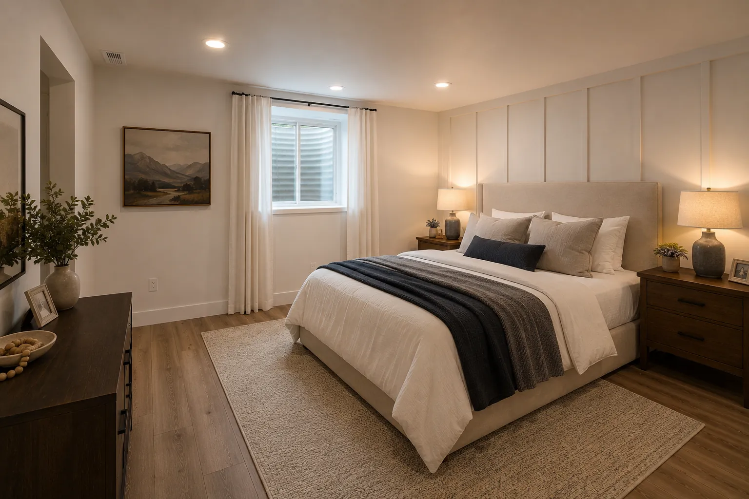Beautifully finished basement guest bedroom in Utah with upholstered linen headboard, egress window with white curtains, board and batten accent wall, warm recessed lighting, and luxury vinyl plank flooring