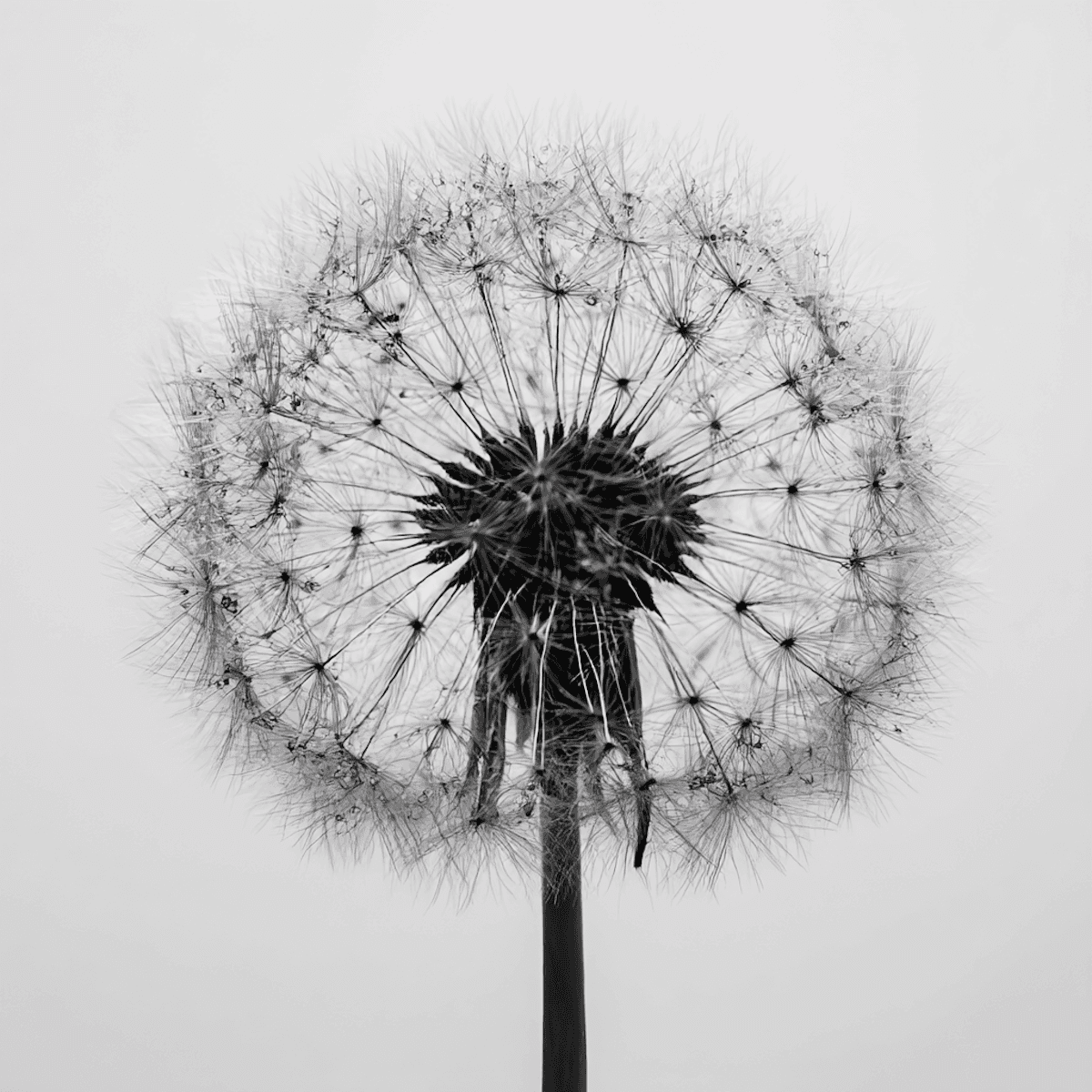 Detailed black and white macro photography of a symmetrical dandelion seed head against a bright background