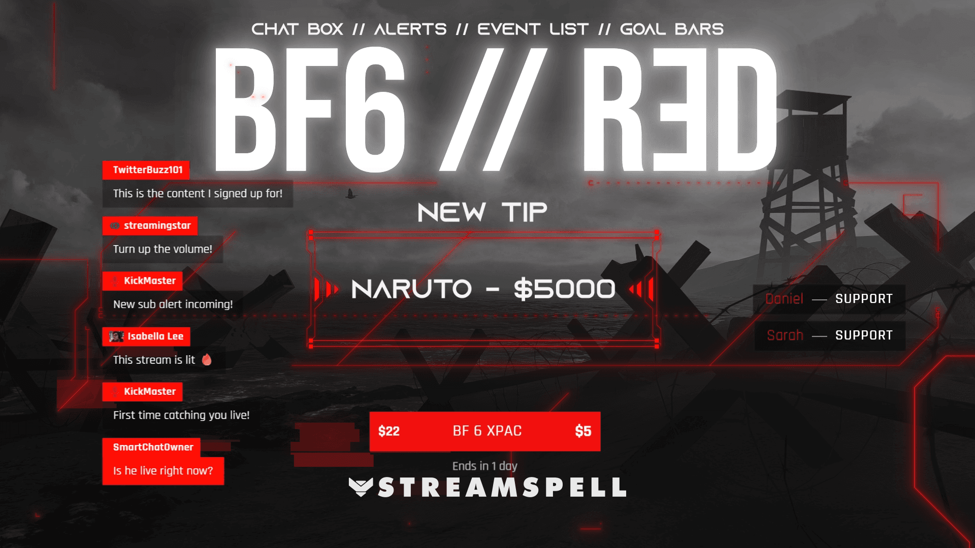 Military-style FPS stream overlay with red tactical HUD interface and battlefield environment
