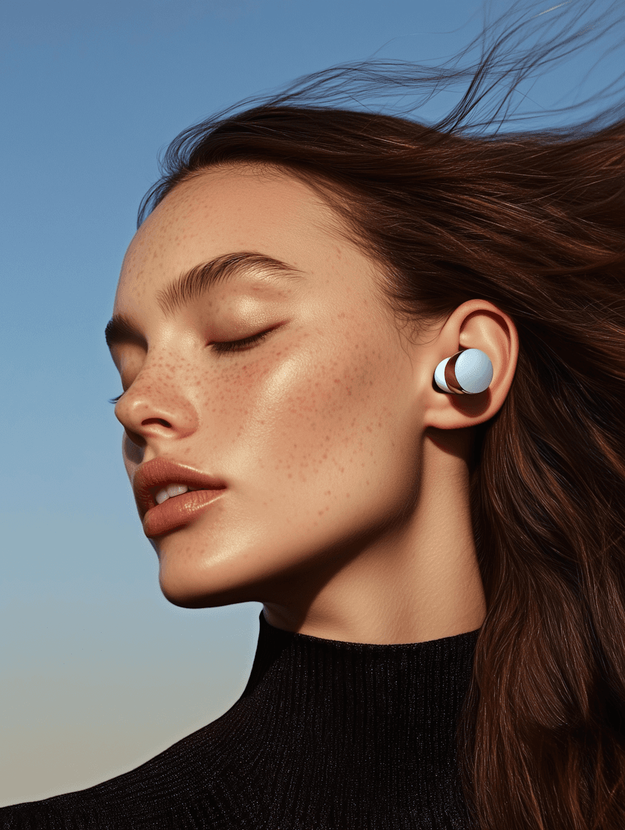 Confident woman wearing wireless earbuds, representing AI-powered data analytics and decision-making
