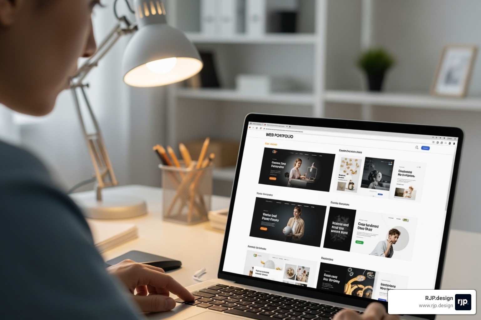 a person carefully reviewing a web designer's portfolio on a laptop - affordable mobile website designer