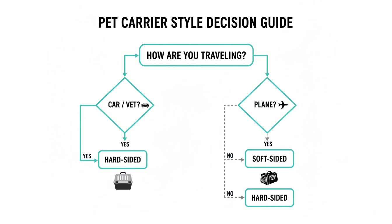 Flowchart guiding pet owners to choose between hard-sided and soft-sided pet carriers based on travel method.