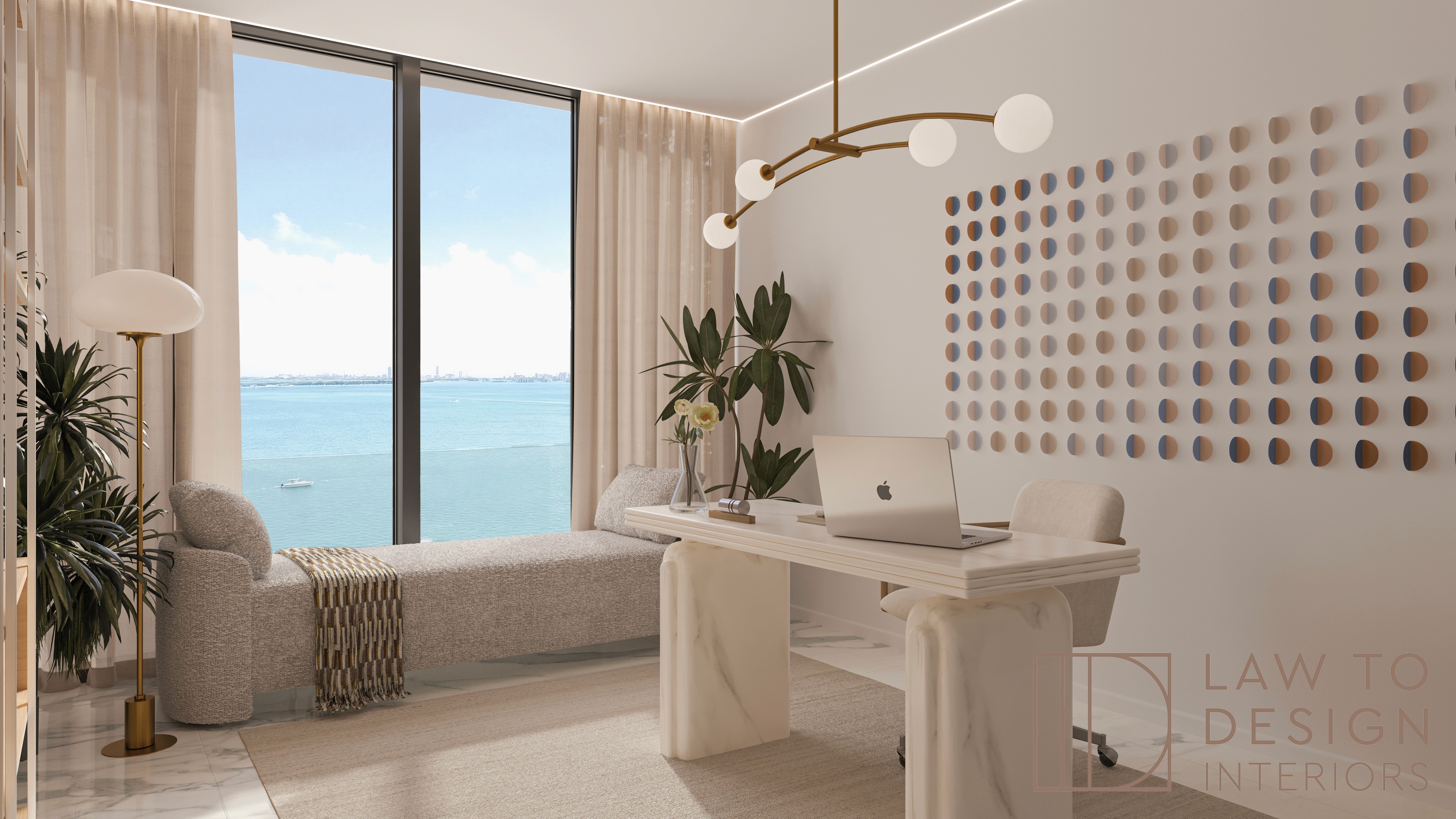 Aria Reserve Penthouse home office with desk, laptop, wall art installation, lounge chair, and water view
