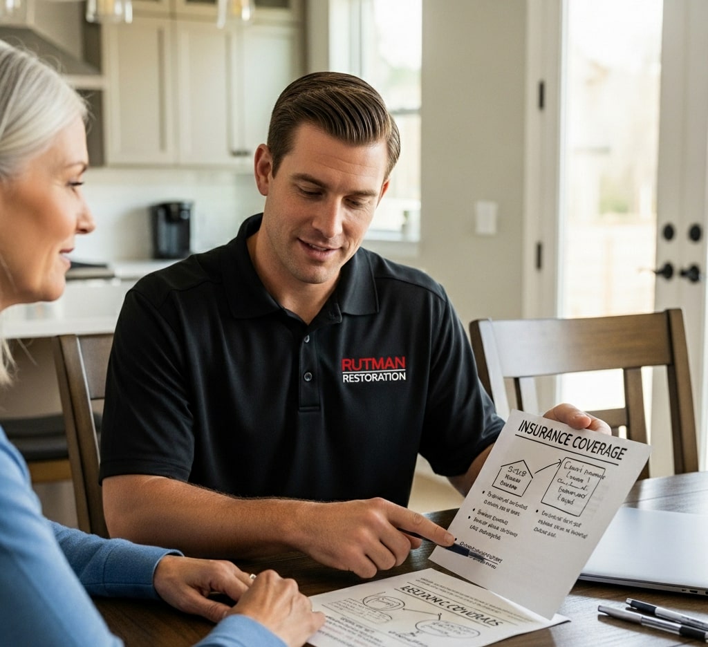 Technician explaining insurance coverage to homeowner