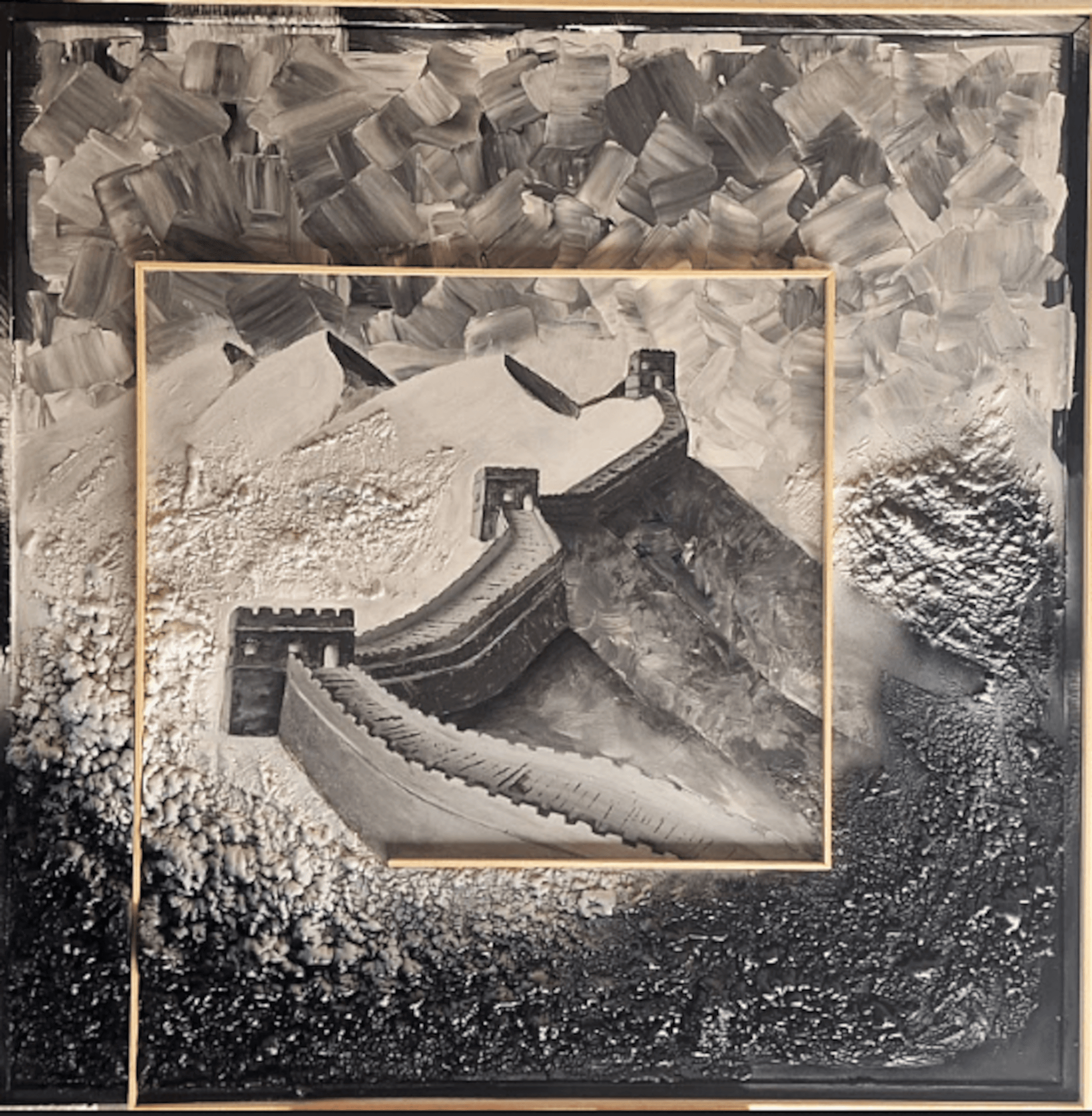 Abstract mixed media painting inspired by the Great Wall of China, geometric composition in black and white with textured surfaces and architectural symbolism