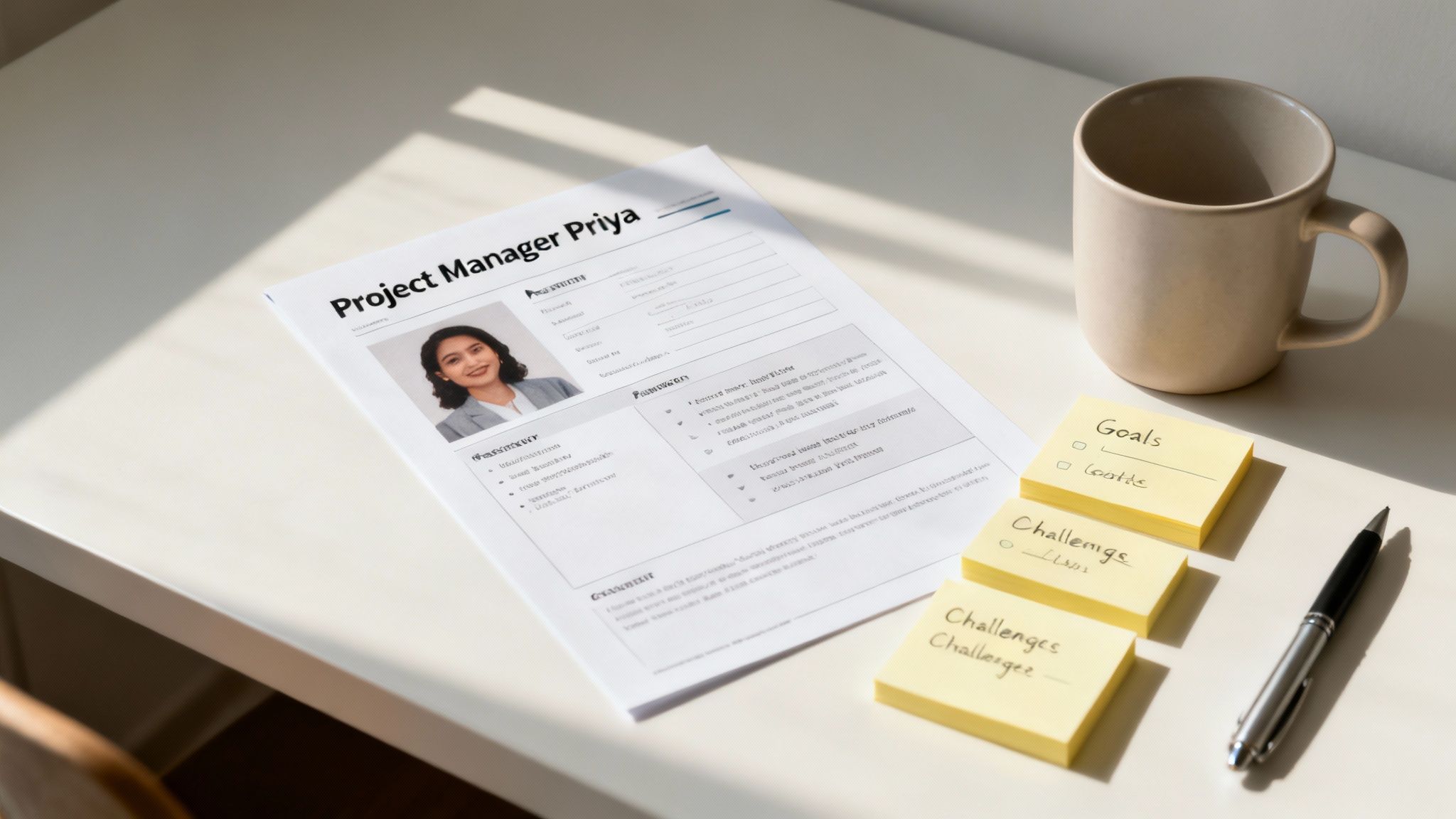 A desk with notes, a tablet, and a coffee cup, showing the process of building a buyer persona.