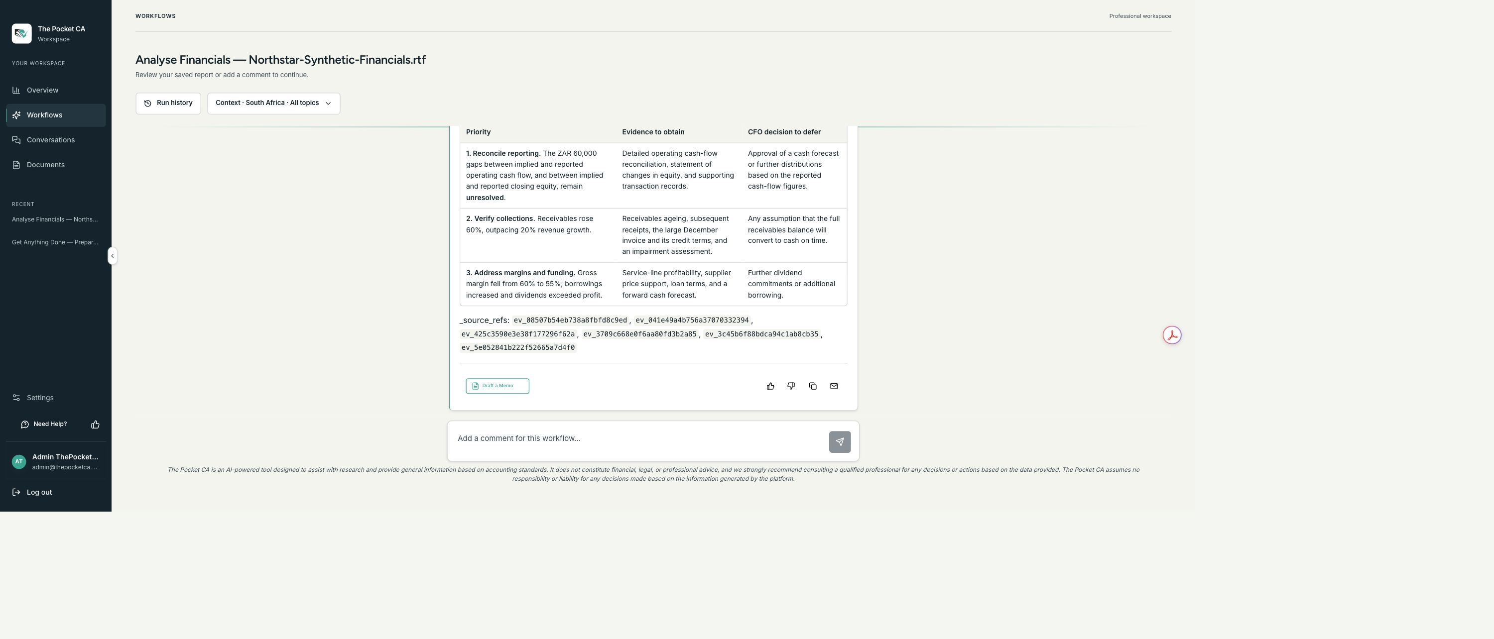 Saved workflow follow-up showing a three-row evidence-led action plan and decisions to defer for CFO review