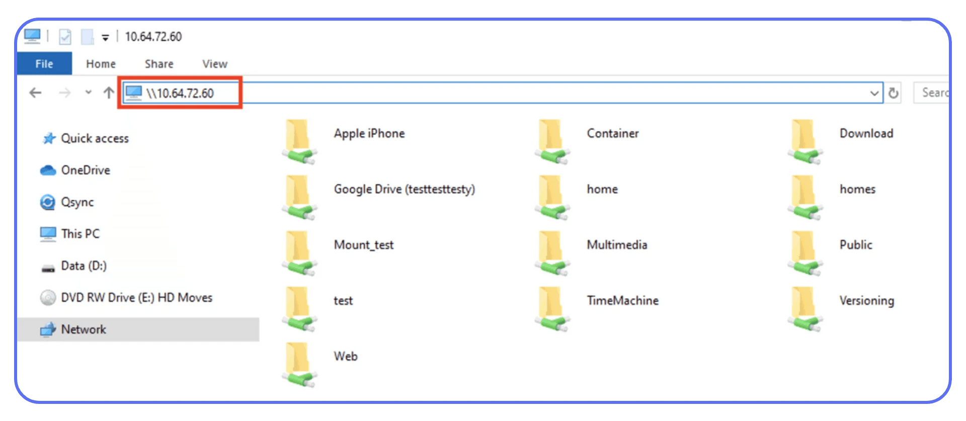 Windows File Explorer showing a mapped network drive accessed through a UNC path.