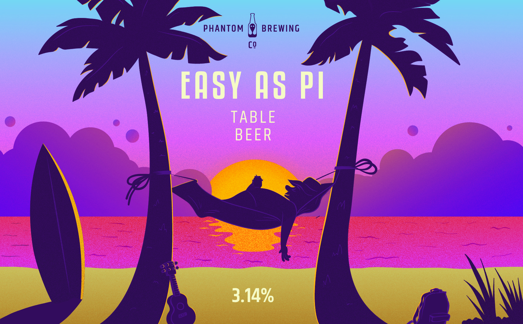 Phantom Brewing Packaging illustration showing a paradise island with someone sleeping in a hammoc with a cat on his belly and the title 'easy as pi'