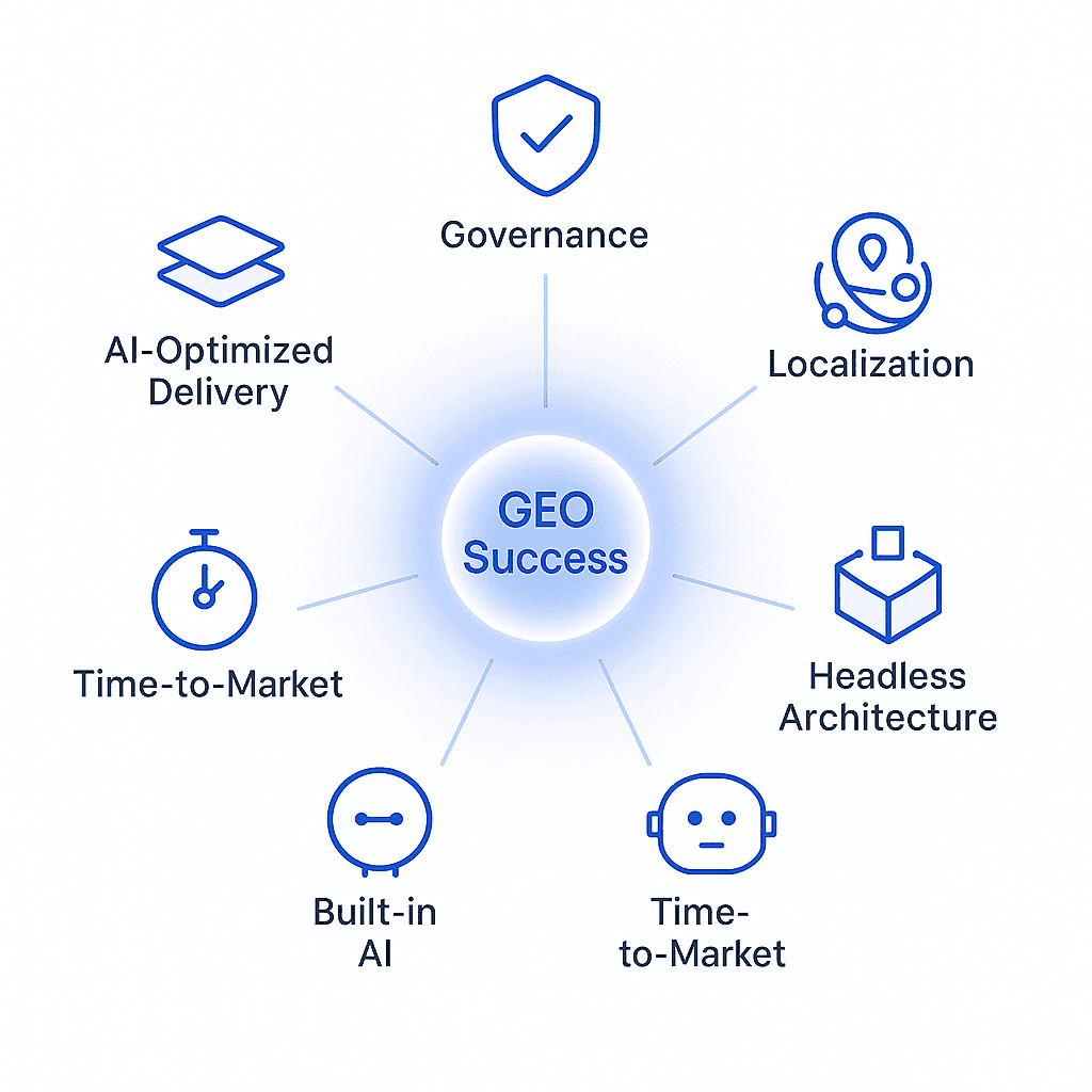 Radial diagram linking six evaluation icons to a central GEO success node