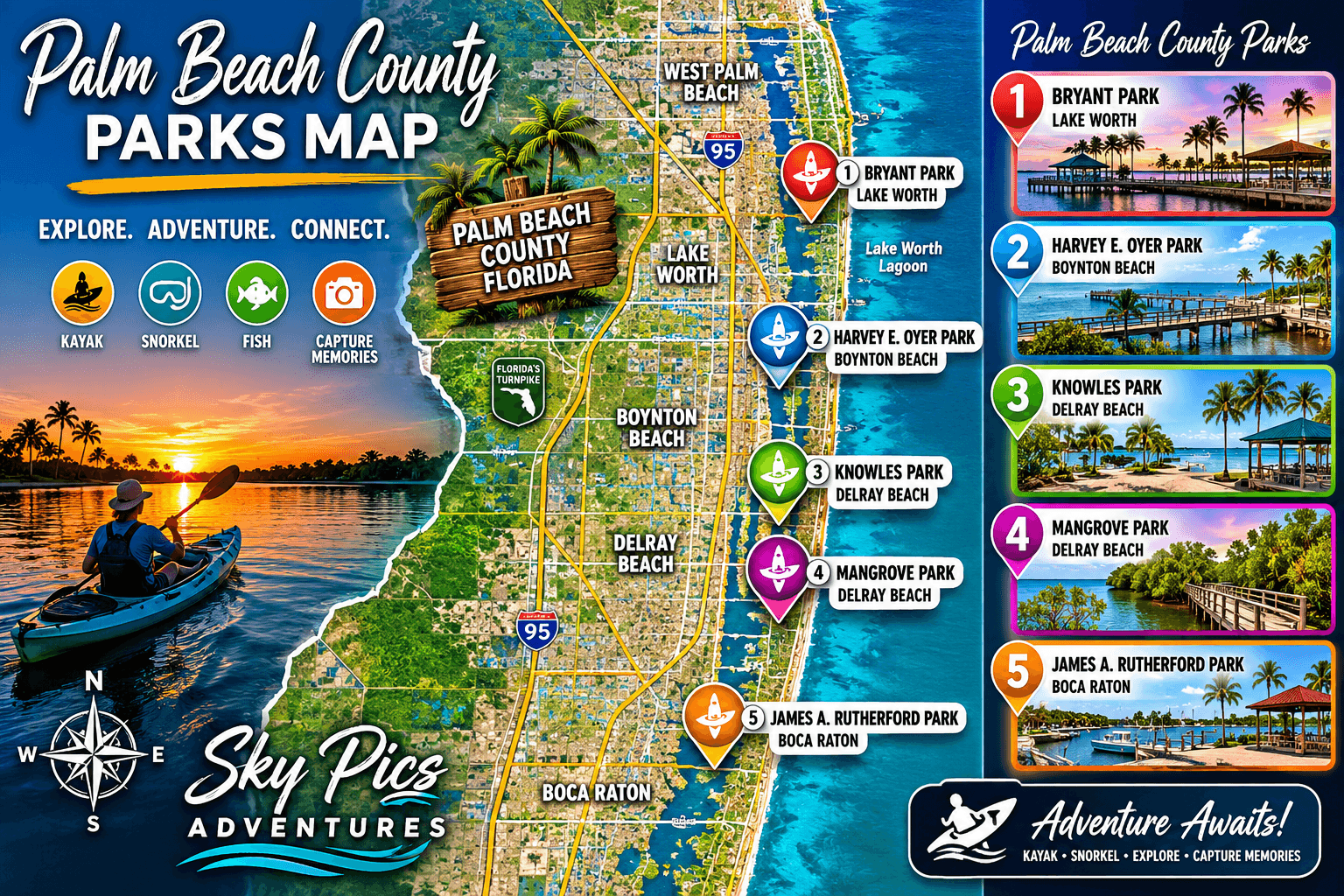 Map of kayak launch points in South Palm Beach County, Florida