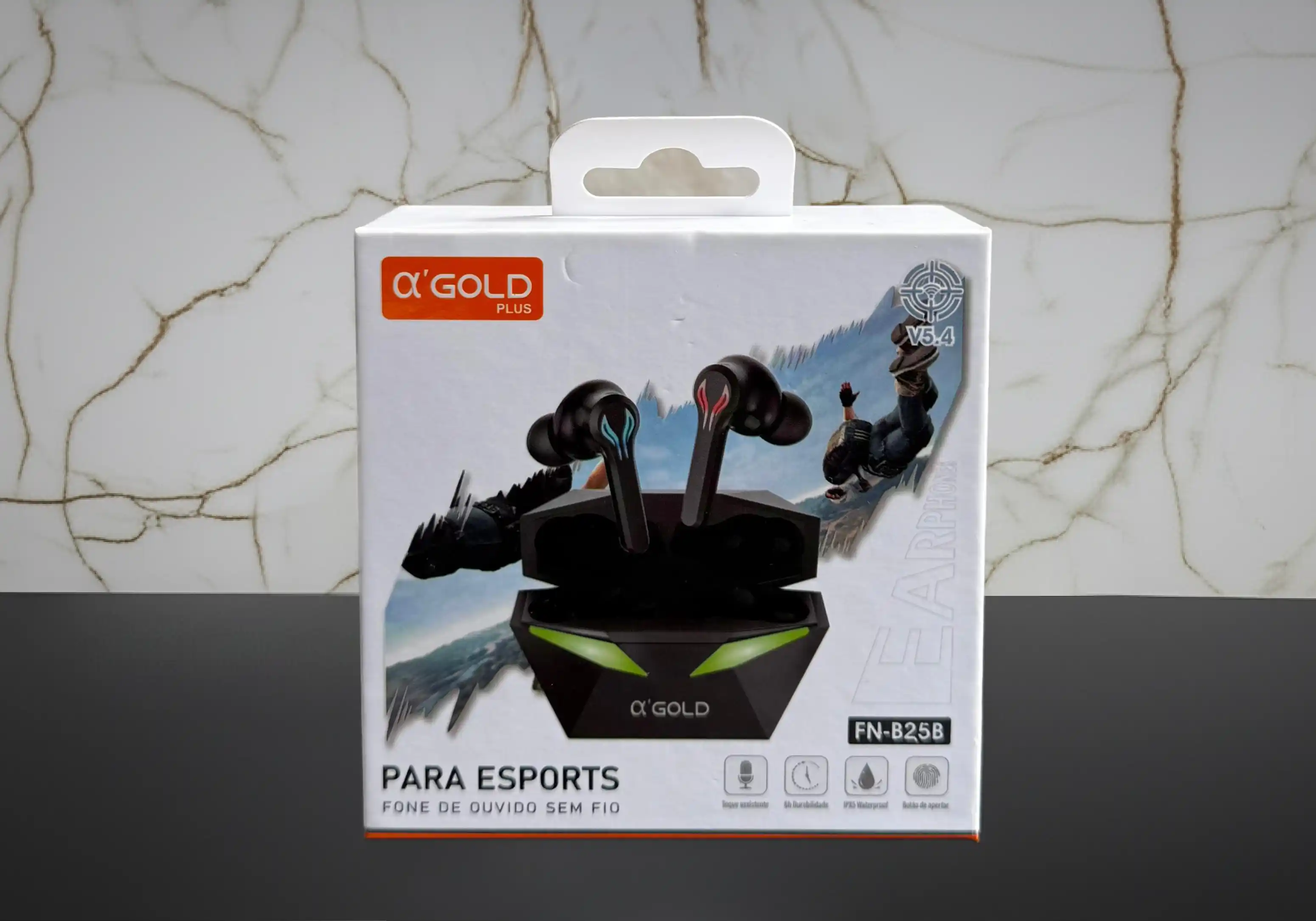 embalagem fones para esports α'GOLD PLUS FN-B25B, earbuds pretos com estojo e ícones IPX7, toque e longa duração, voltado para gaming