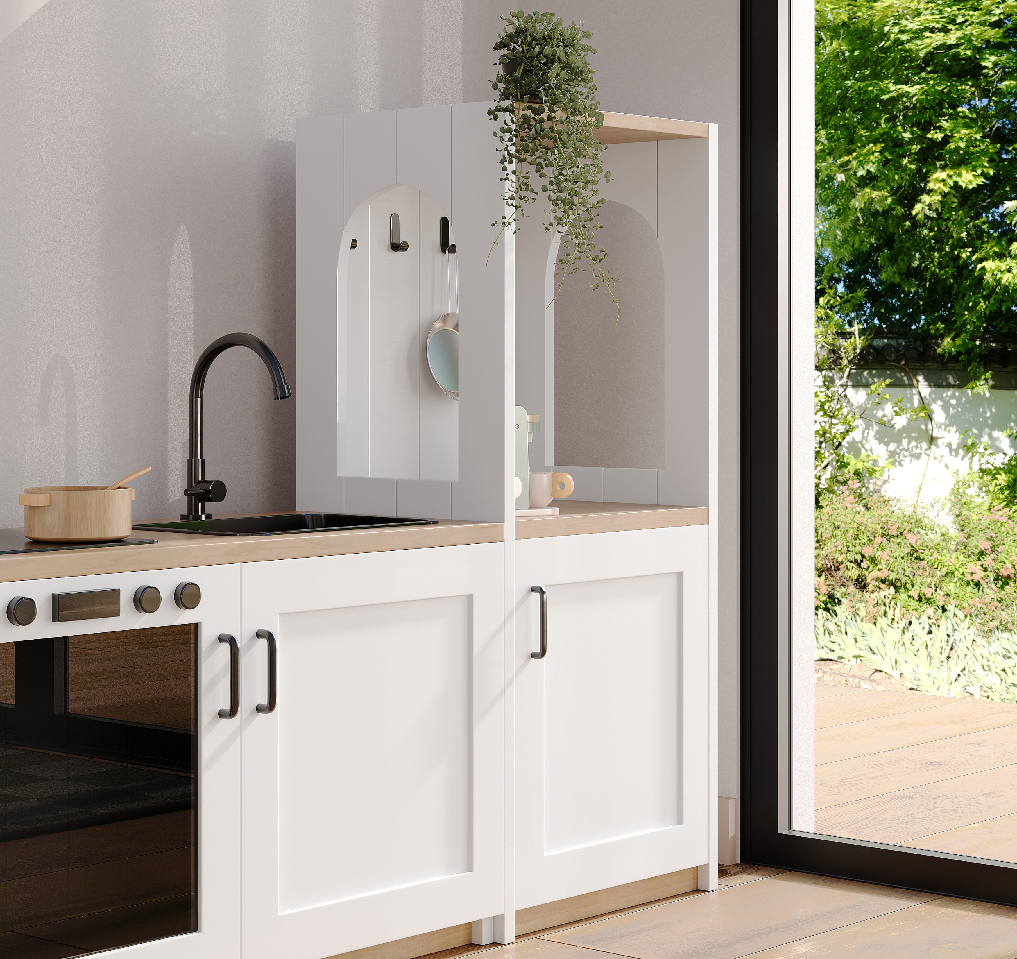 Bright kitchen corner with sink and storage in 3D interior render