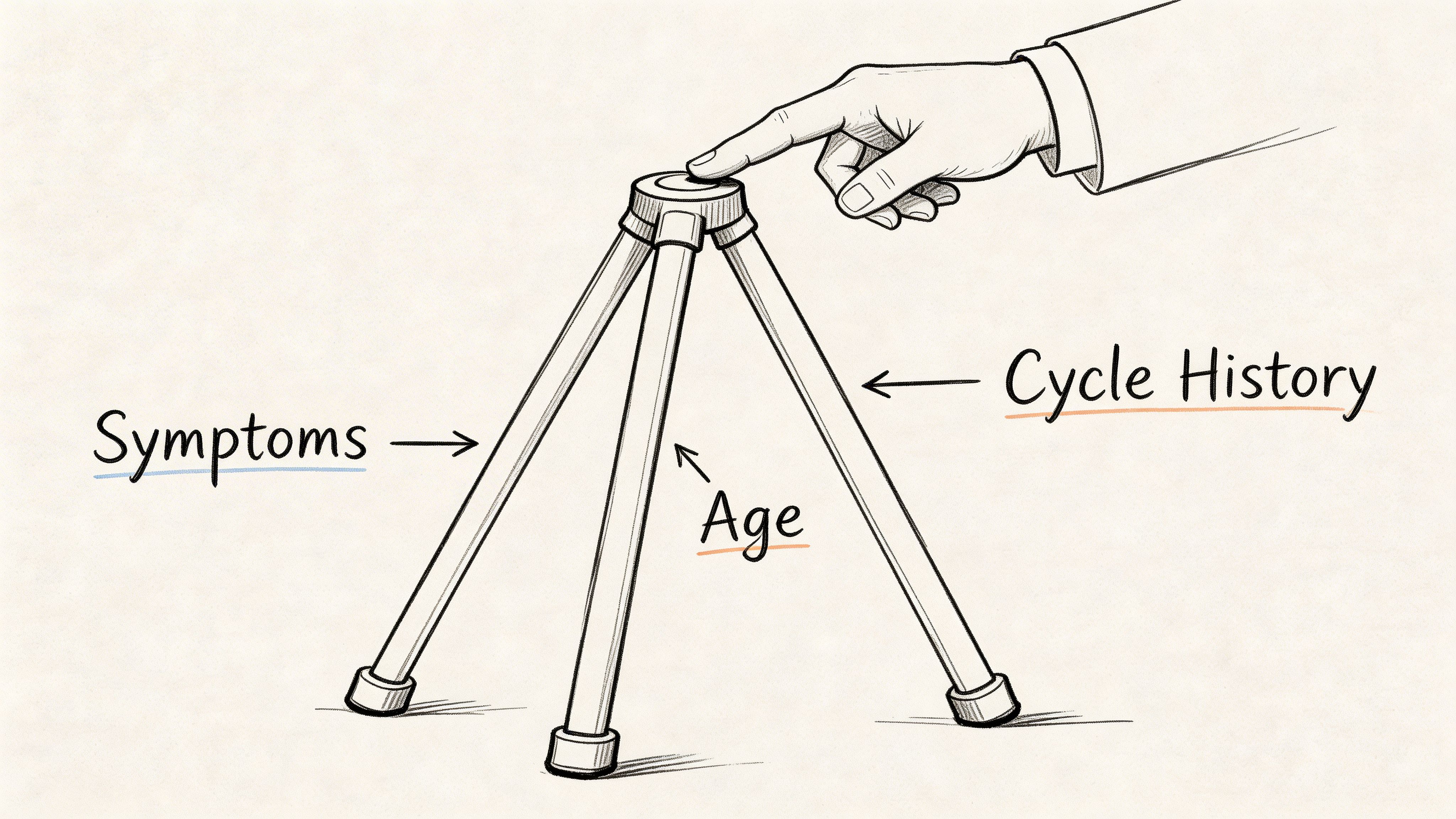 A conceptual illustration of a tripod representing the three pillars of perimenopause diagnosis: symptoms, age, and cycle history.