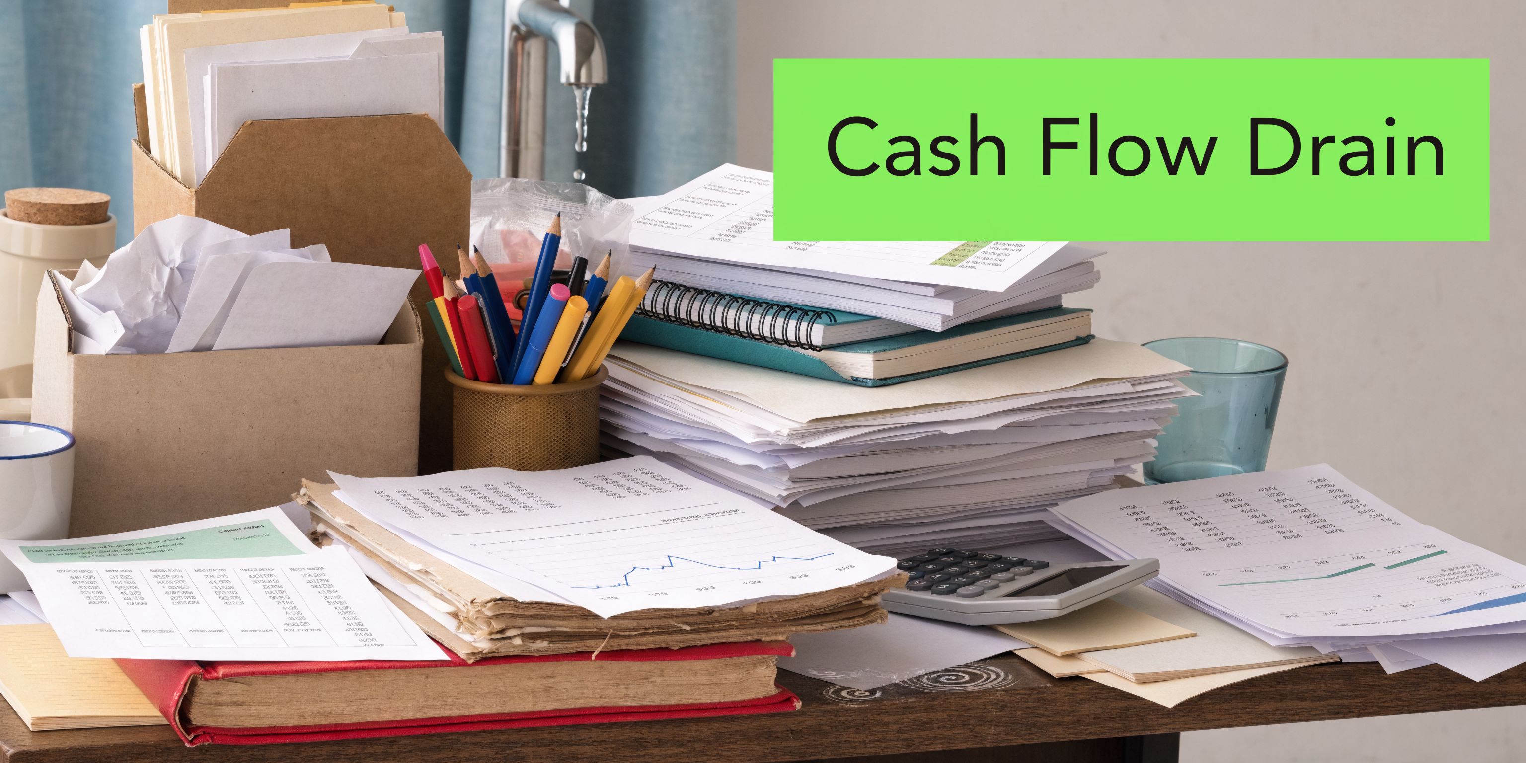 A cluttered desk overflowing with stacks of financial documents, calculators, and stationery reflecting a business cash flow drain.